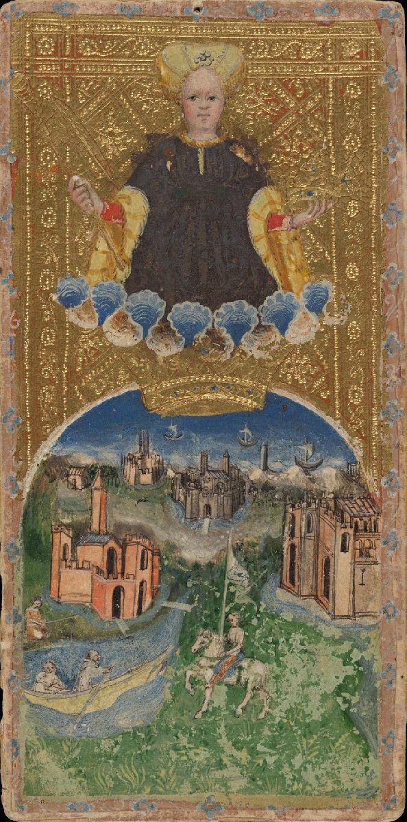 The World, a painted triumph card of the Visconti di Modrone tarot, Milan, 1442–1447.