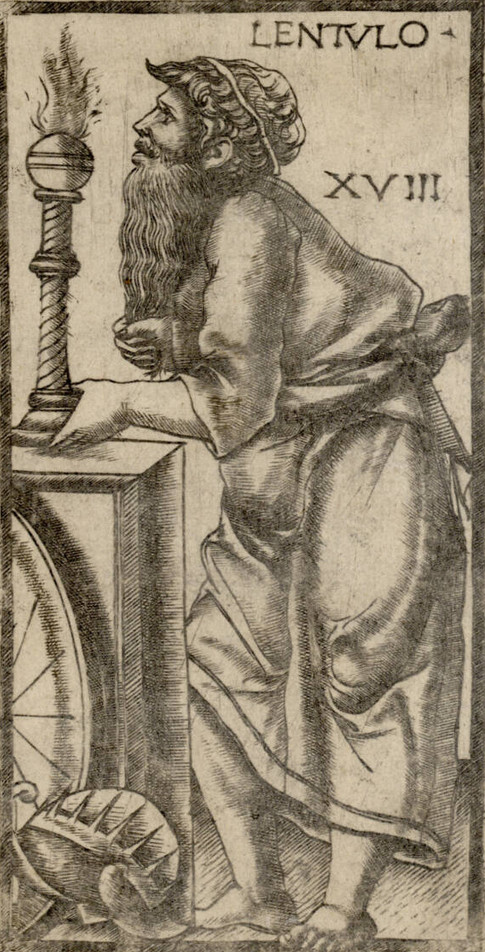 Lentulo (XVIII) · Sola Busca tarot, uncoloured engraving, about 1490 · ALBERTINA, Vienna (public domain)