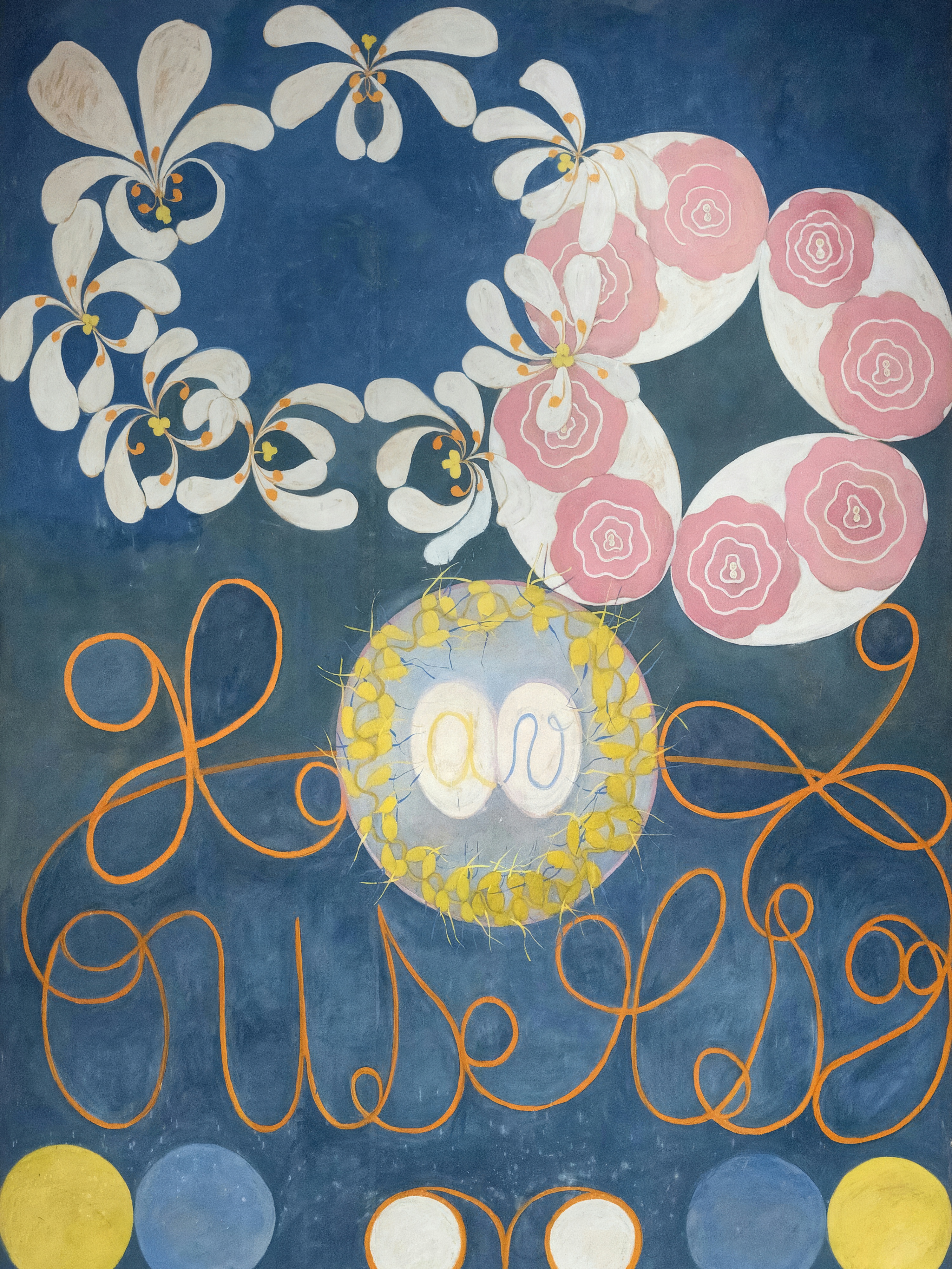 Pink spirals, white petals and yellow seeds float on a deep blue ground.