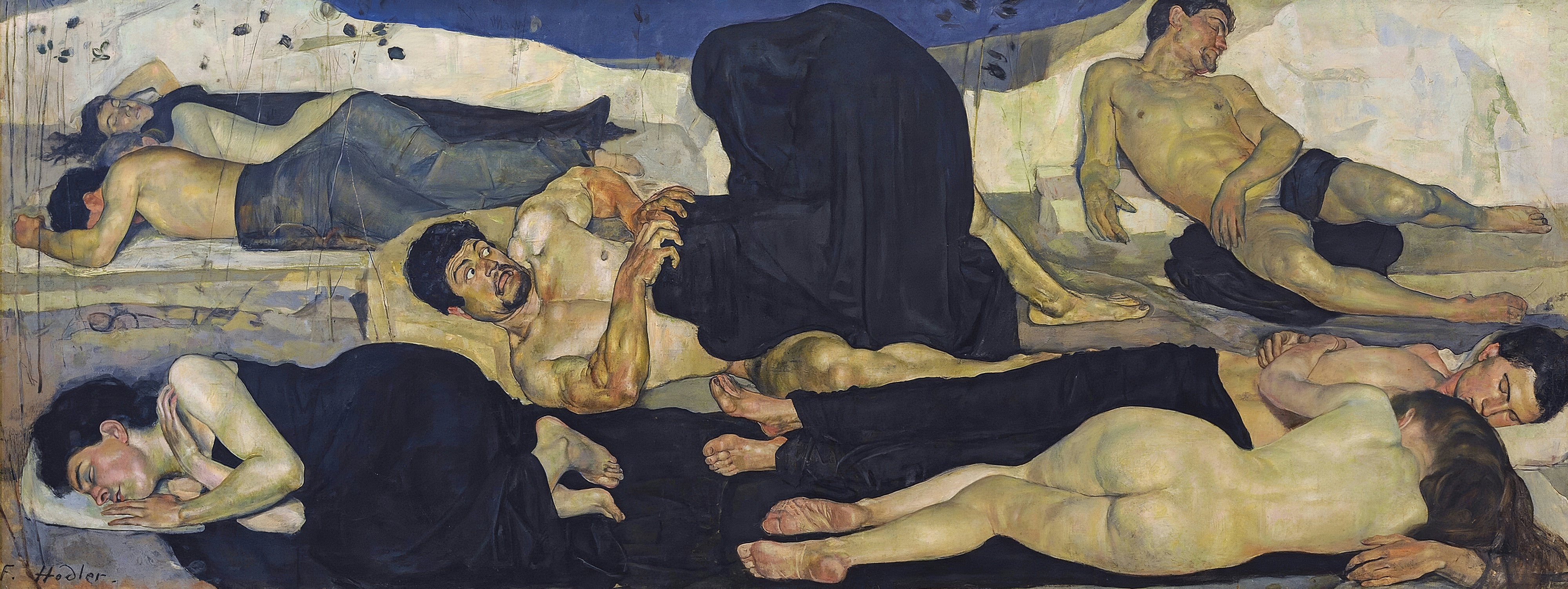 Several figures sleep on a dark ground while a man wakes in terror as a black shrouded figure crouches over him.
