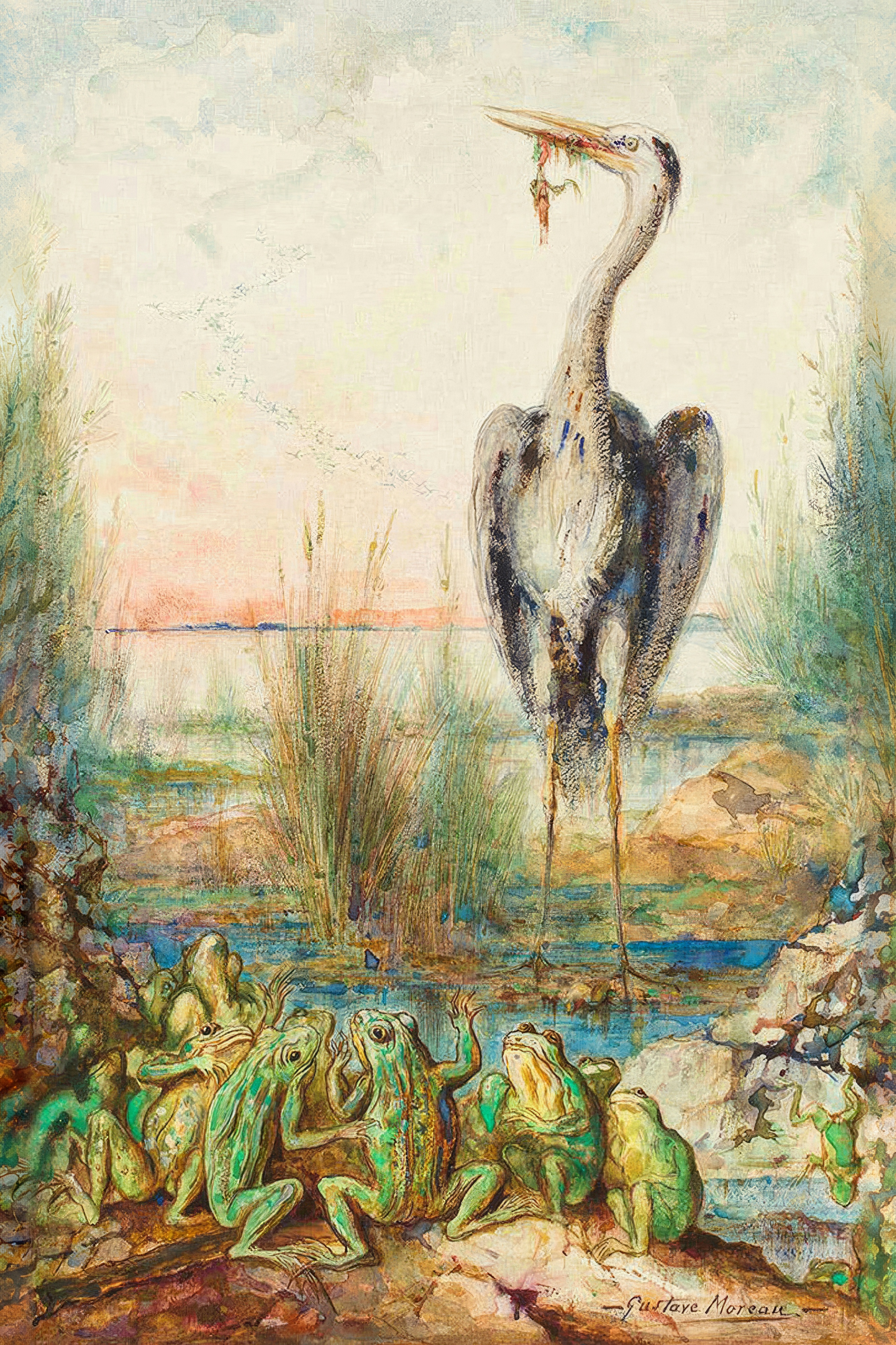 Green frogs gaze up at a tall heron in a misty marsh.