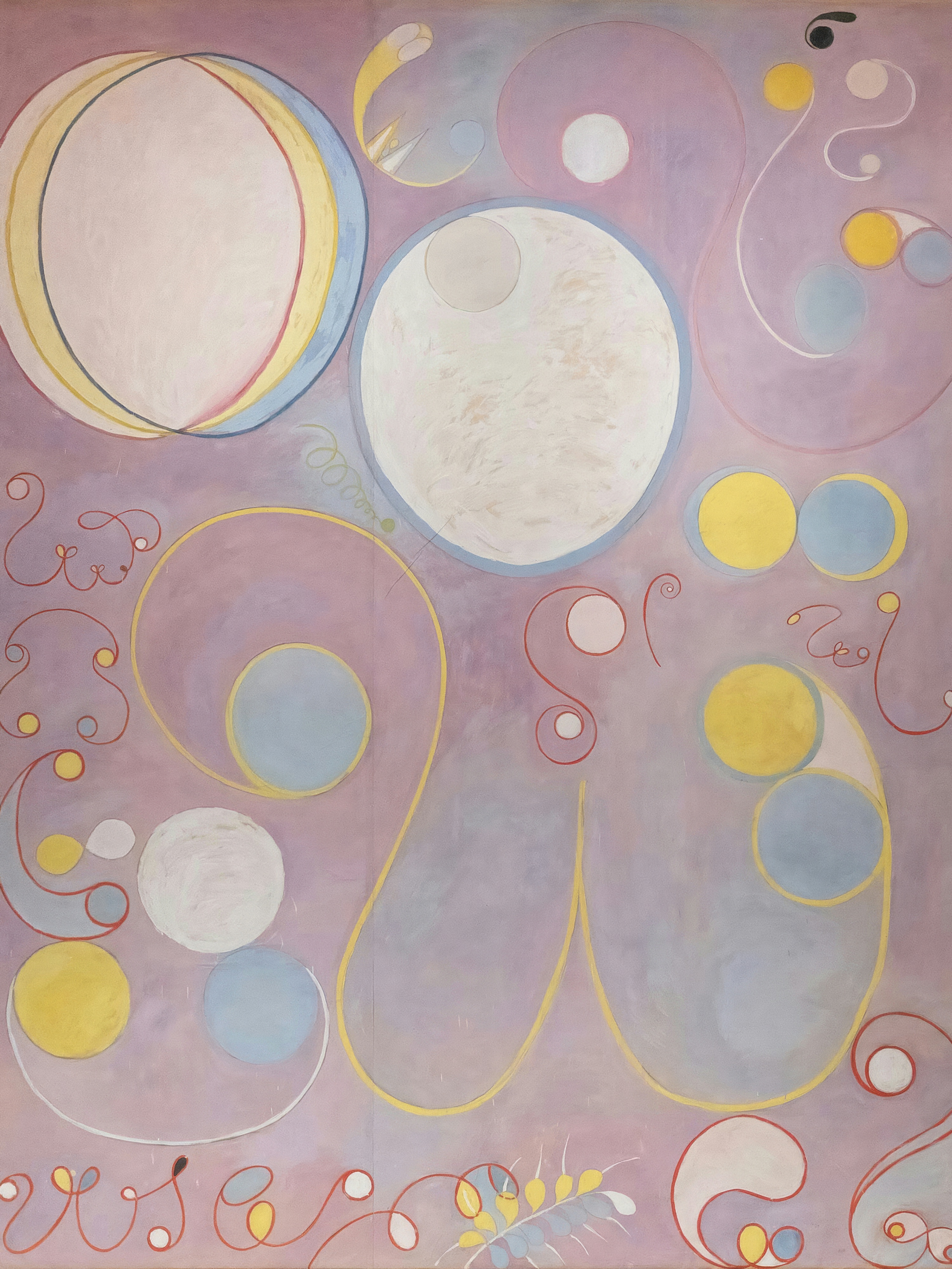 Spheres, spirals and looping lines drift across a lavender ground.