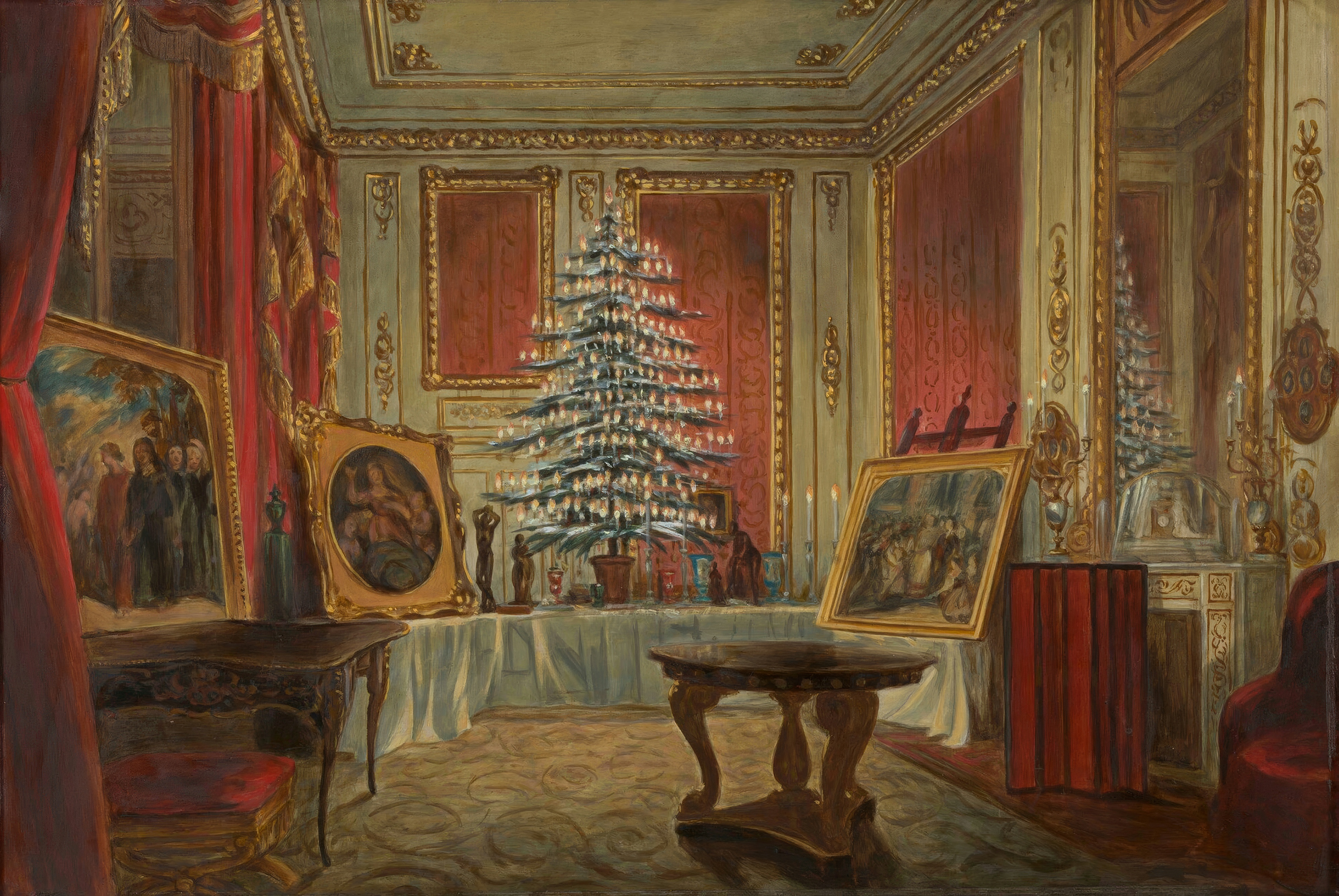 A small fir tree covered with lit candles stands on a draped table among gifts in a grand room.
