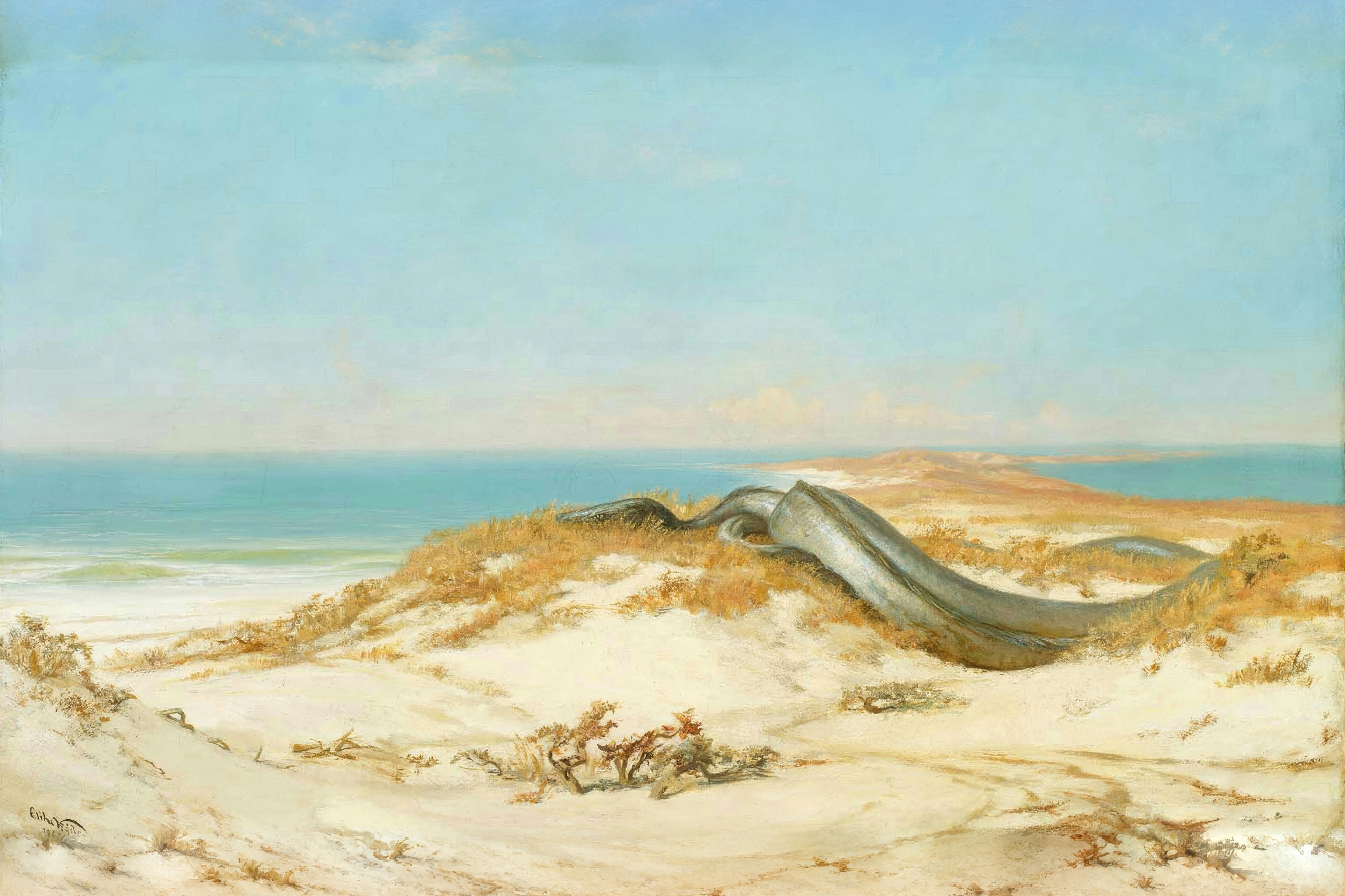 A huge sea serpent rests on a sunlit dune by a calm blue sea.