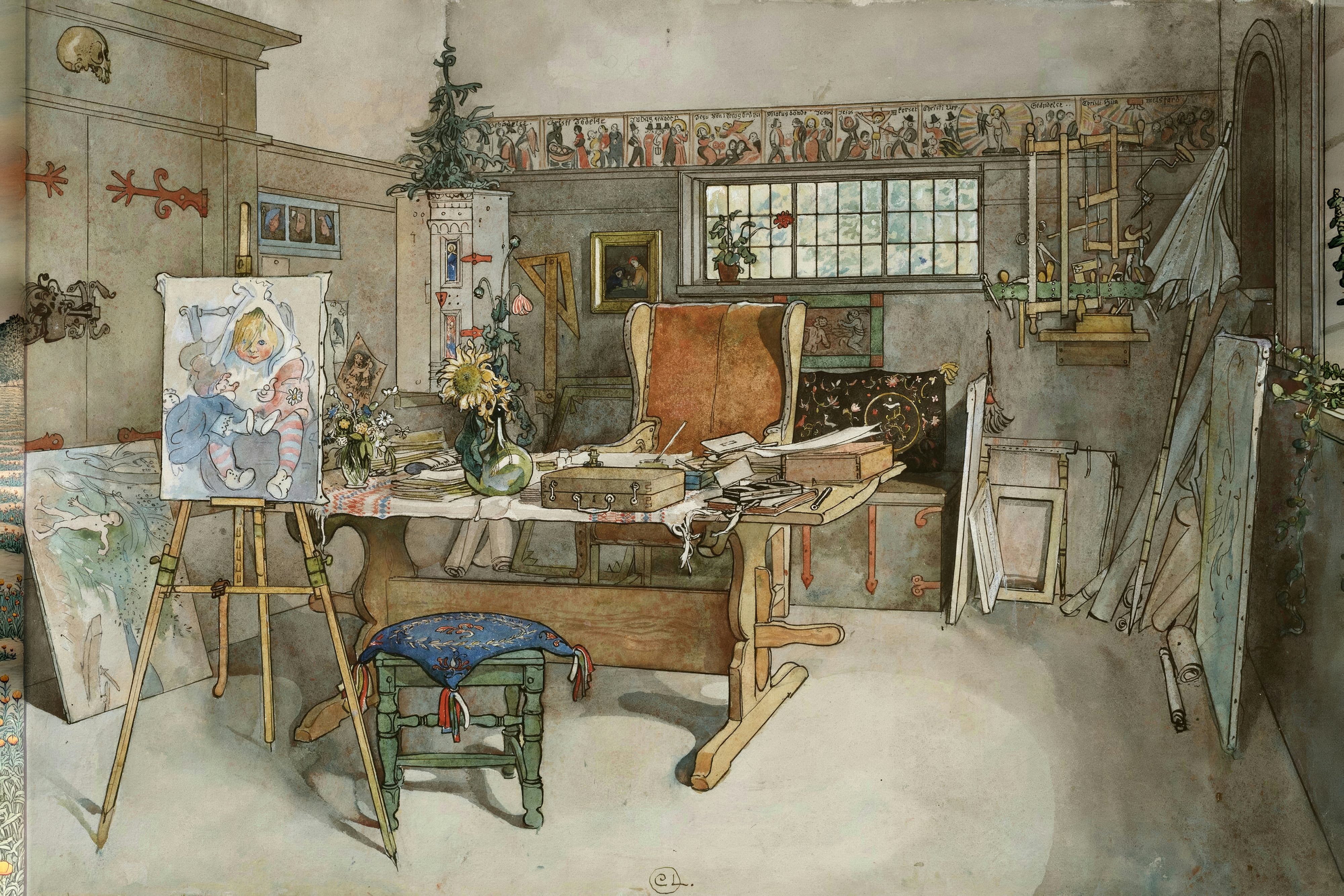 A sunny studio with a big desk of papers, a sunflower in a glass vase and an easel with a child’s portrait.