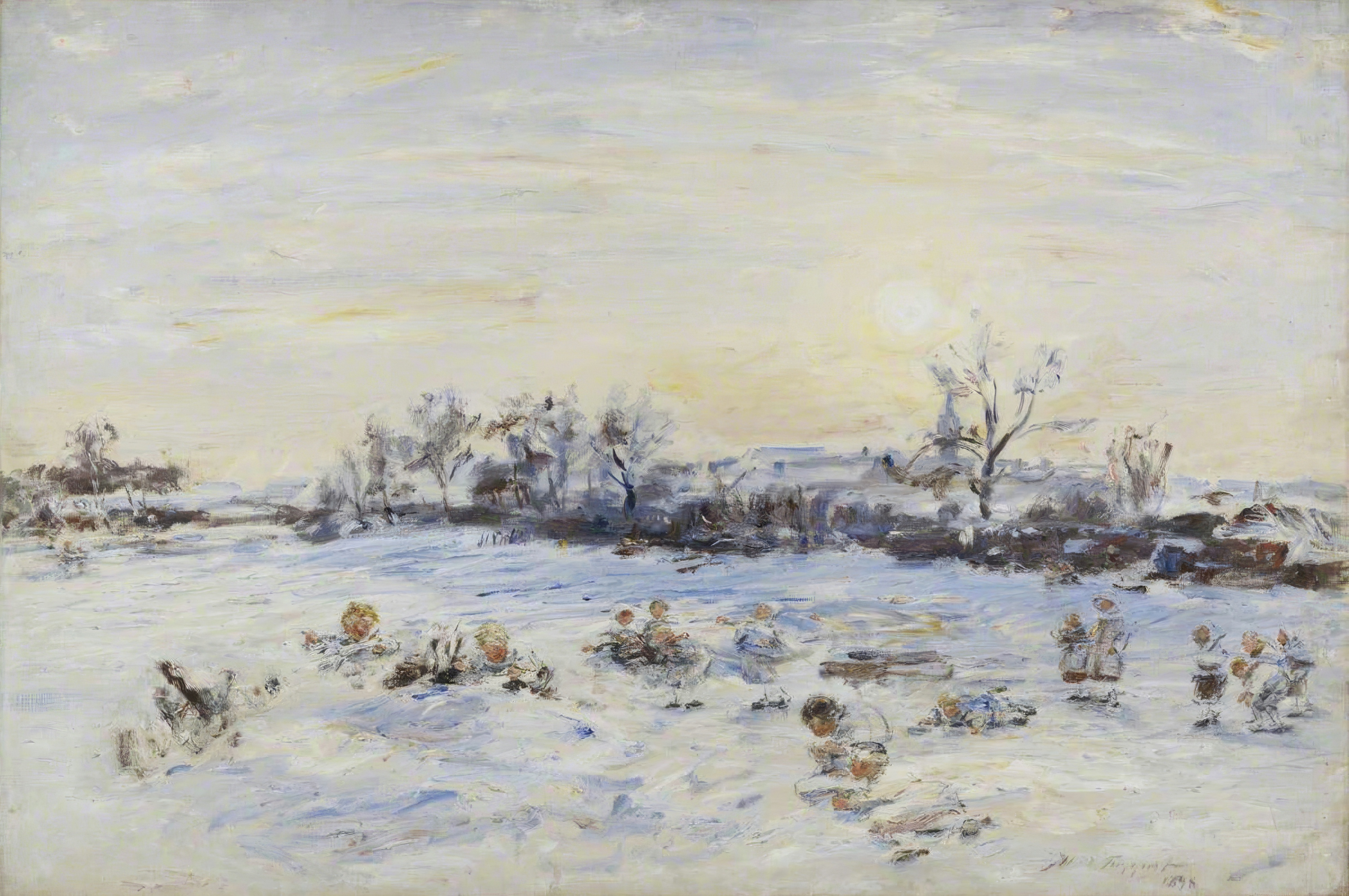 Children and a dog play in deep snow under a low winter sun, with bare trees and rooftops beyond.