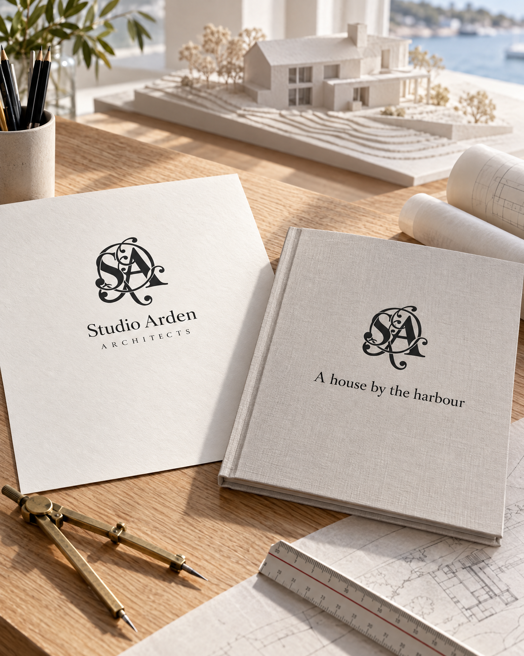 Studio Arden letterhead and a linen proposal cover titled A house by the harbour, each with an interlaced S and A monogram, on a drafting table beside a white house model.