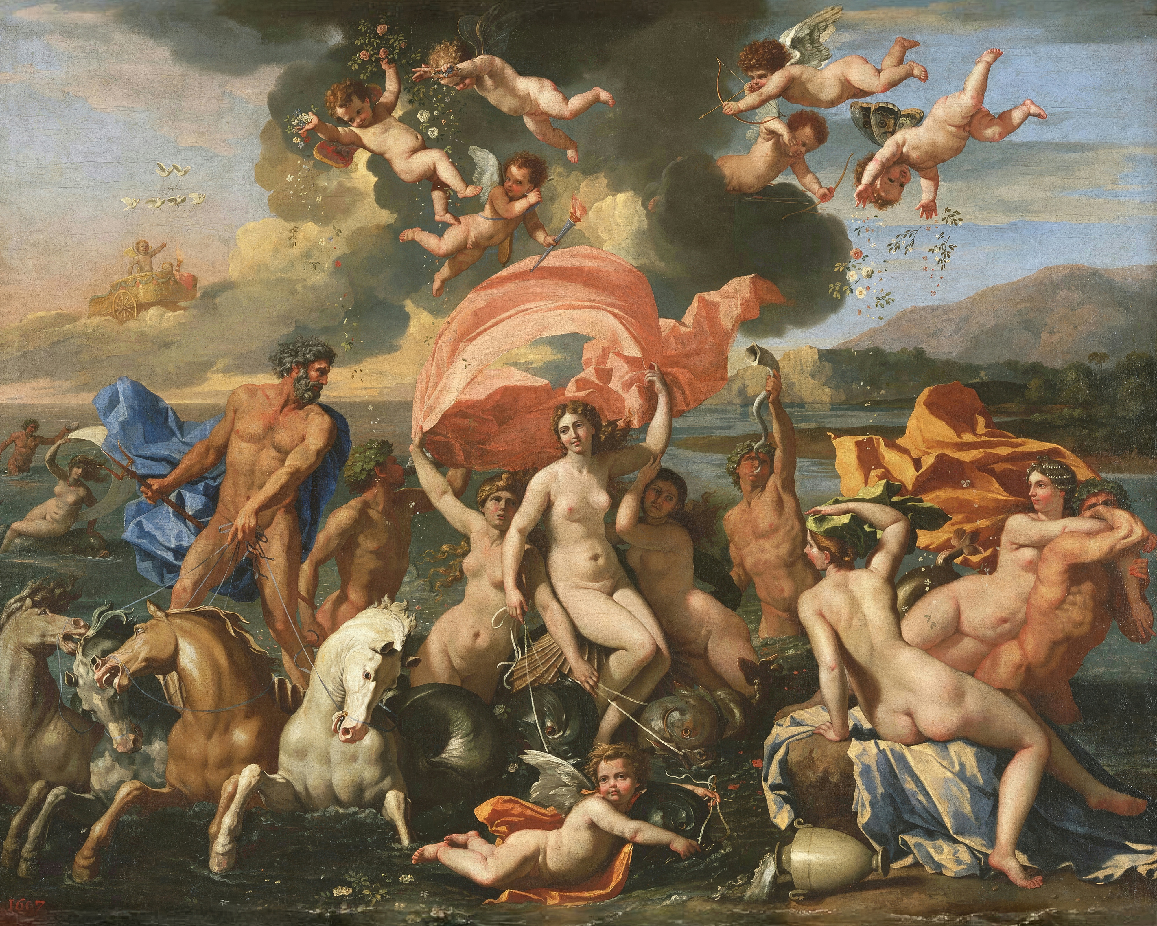 Neptune and Amphitrite ride the sea surrounded by nymphs, tritons and flying cupids.