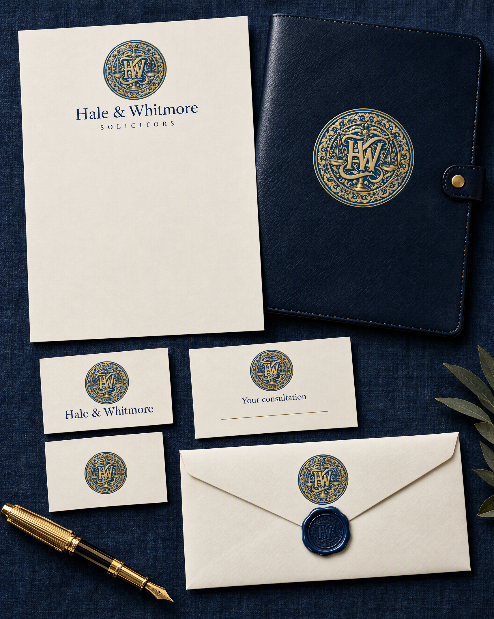 Flat lay of a law firm's stationery on navy linen: letterhead, business cards, appointment card, a sealed envelope and a navy folder, all bearing the same blue and gold seal.