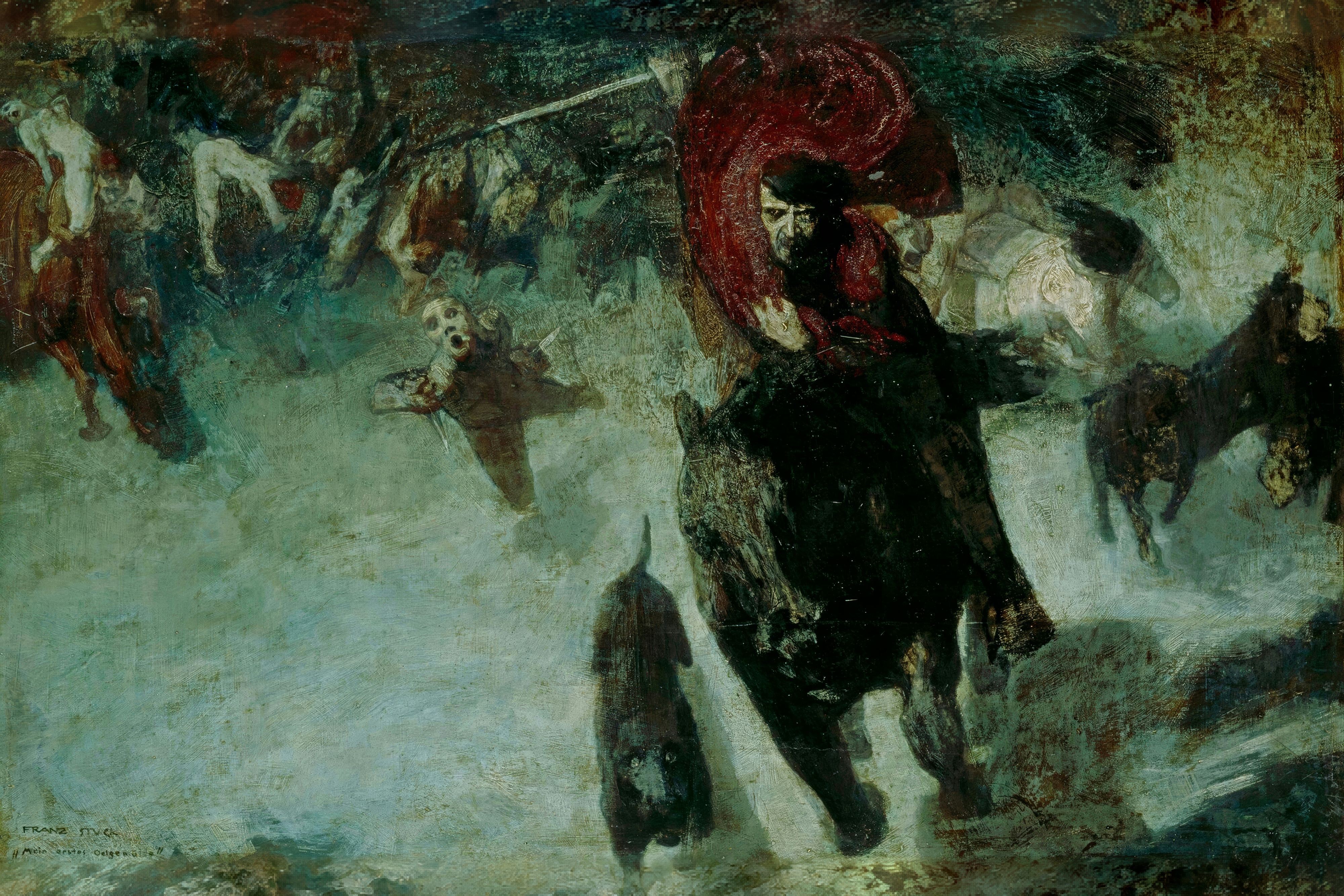A spectral horseman leads a wild hunt across a stormy sky.