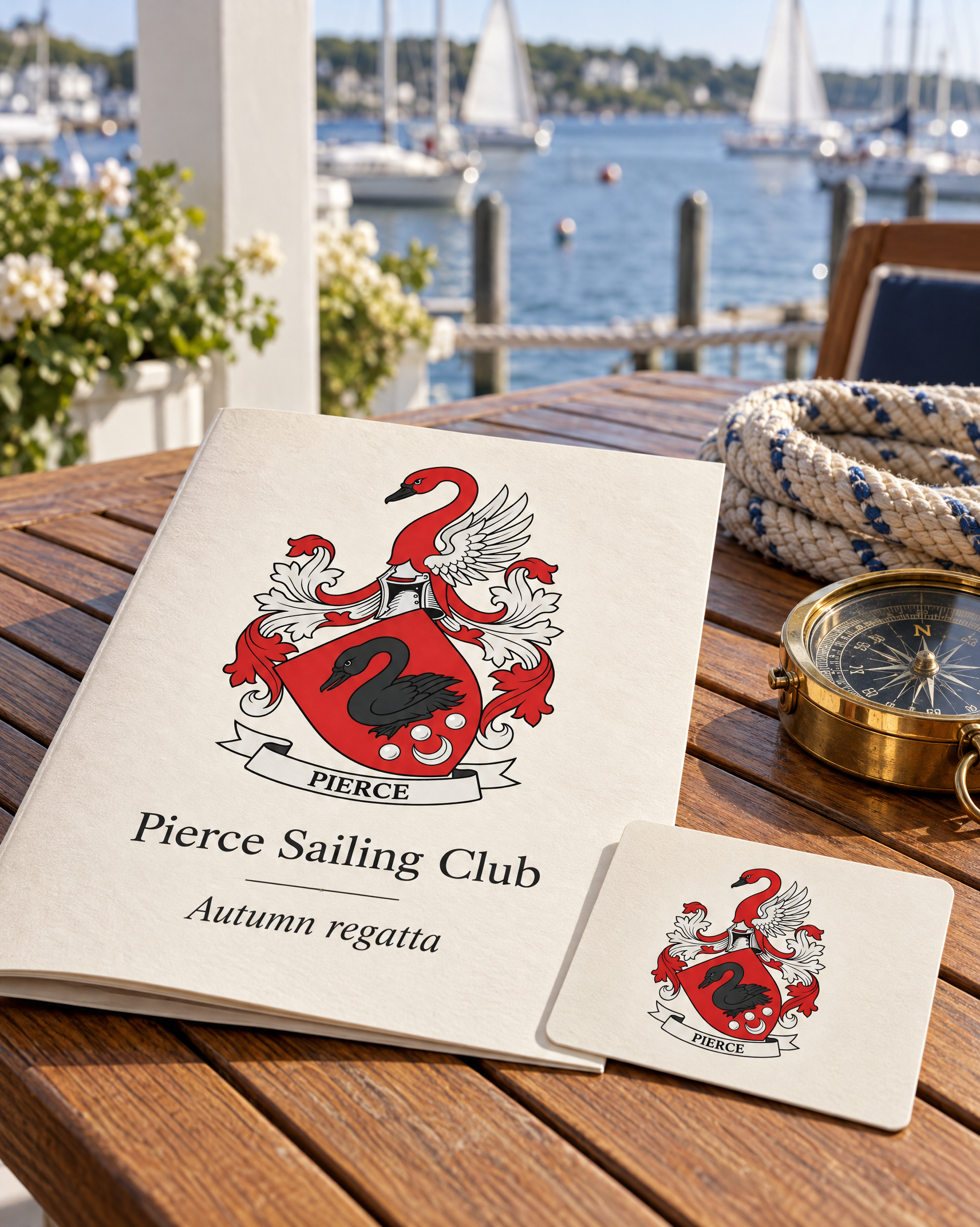 A Pierce Sailing Club regatta programme and membership card with a red coat of arms of a black swan, on a teak table overlooking a harbour of sailing boats.