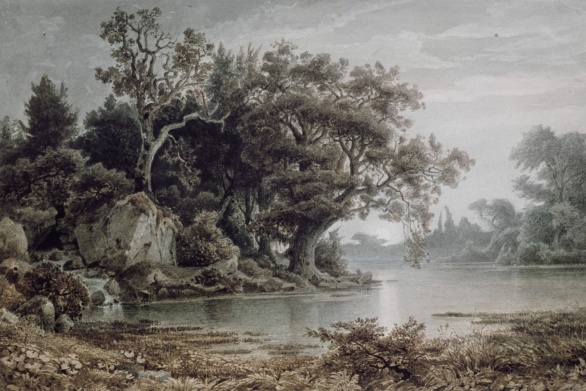 Museum original: Forest Landscape by Water at Moonrise