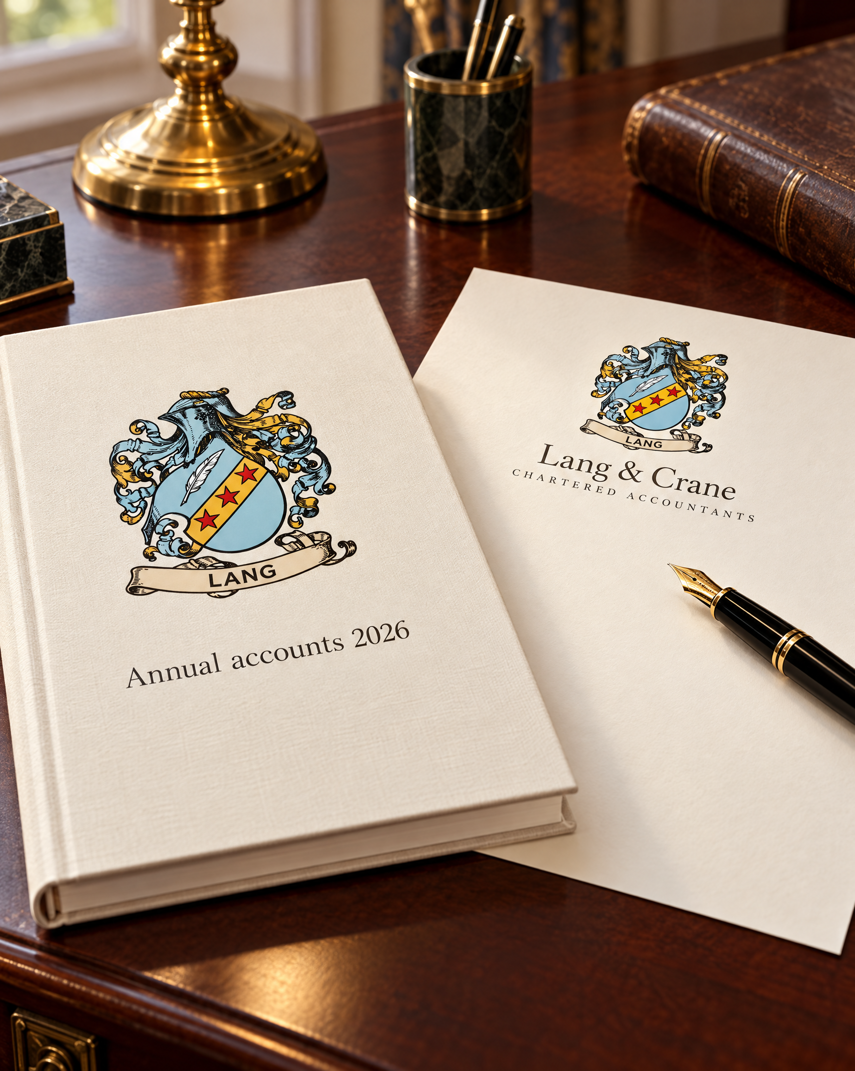 A bound Annual accounts 2026 cover and Lang & Crane letterhead, both with a pale blue coat of arms of three red stars and a quill, on a mahogany desk.