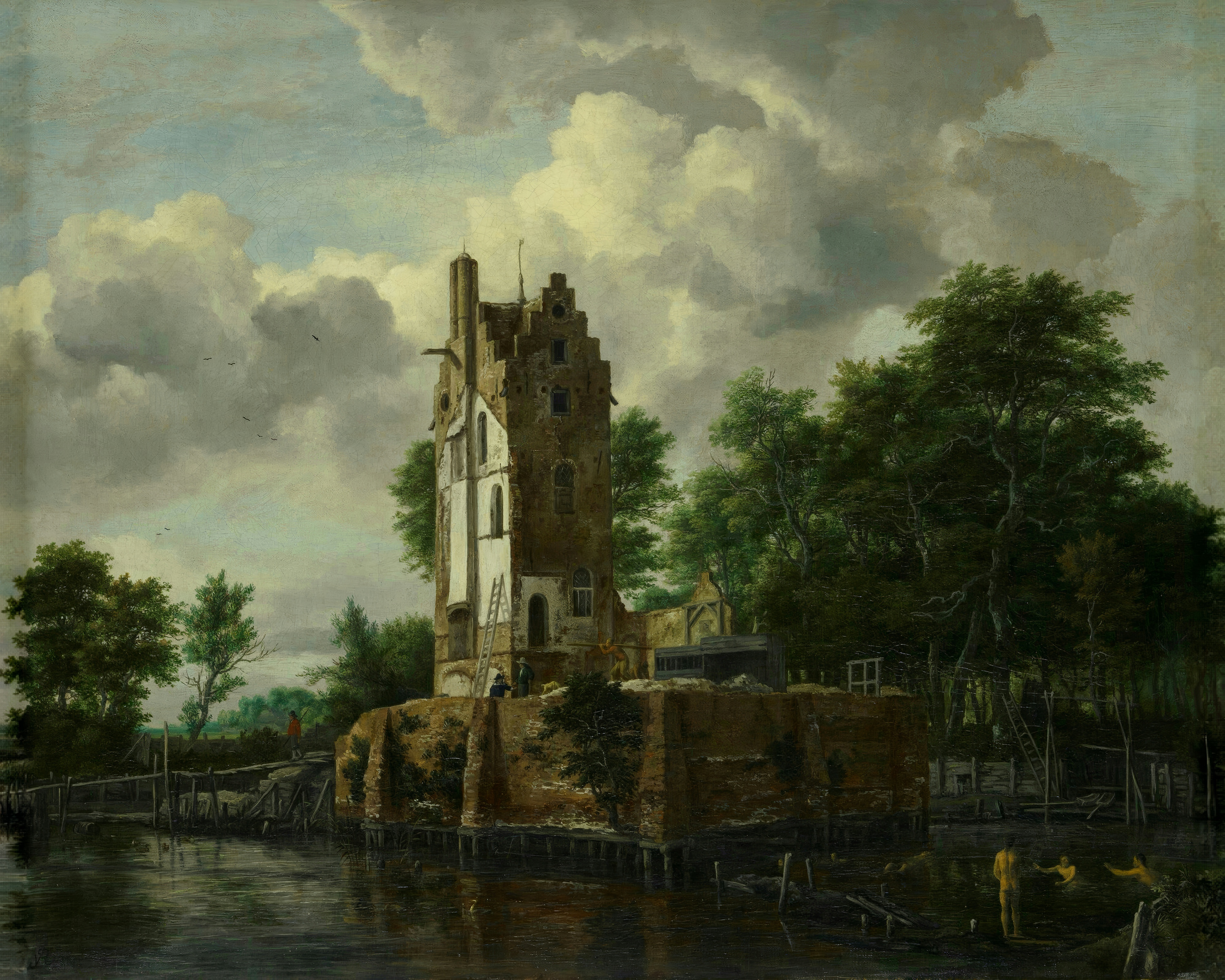 Jacob van Ruisdael's Kostverloren House on the Amstel: the tall ruined tower of a manor house rises from trees beside a river under a vast cloudy sky.
