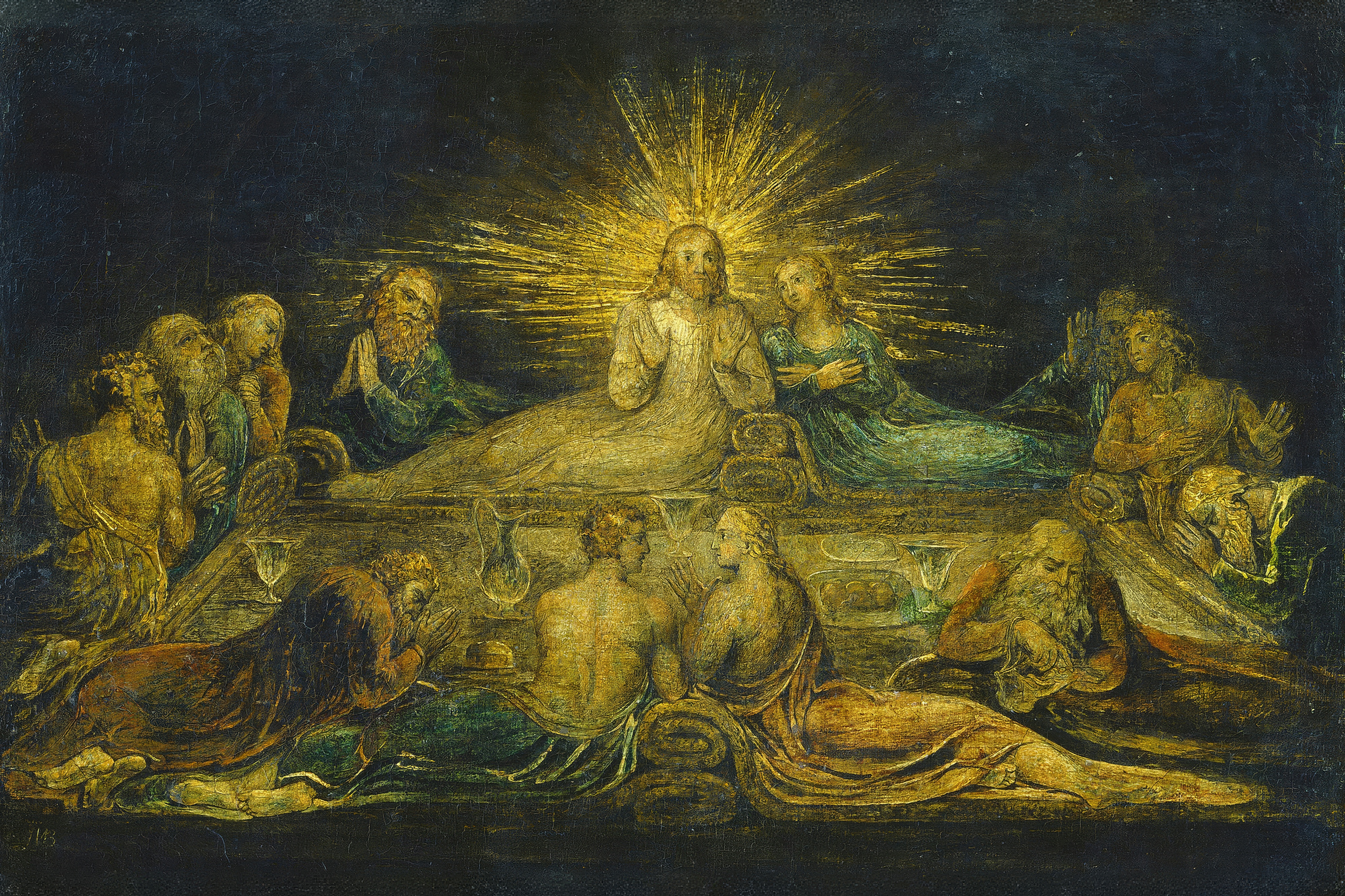 Christ and the apostles recline at table in a burst of golden light.