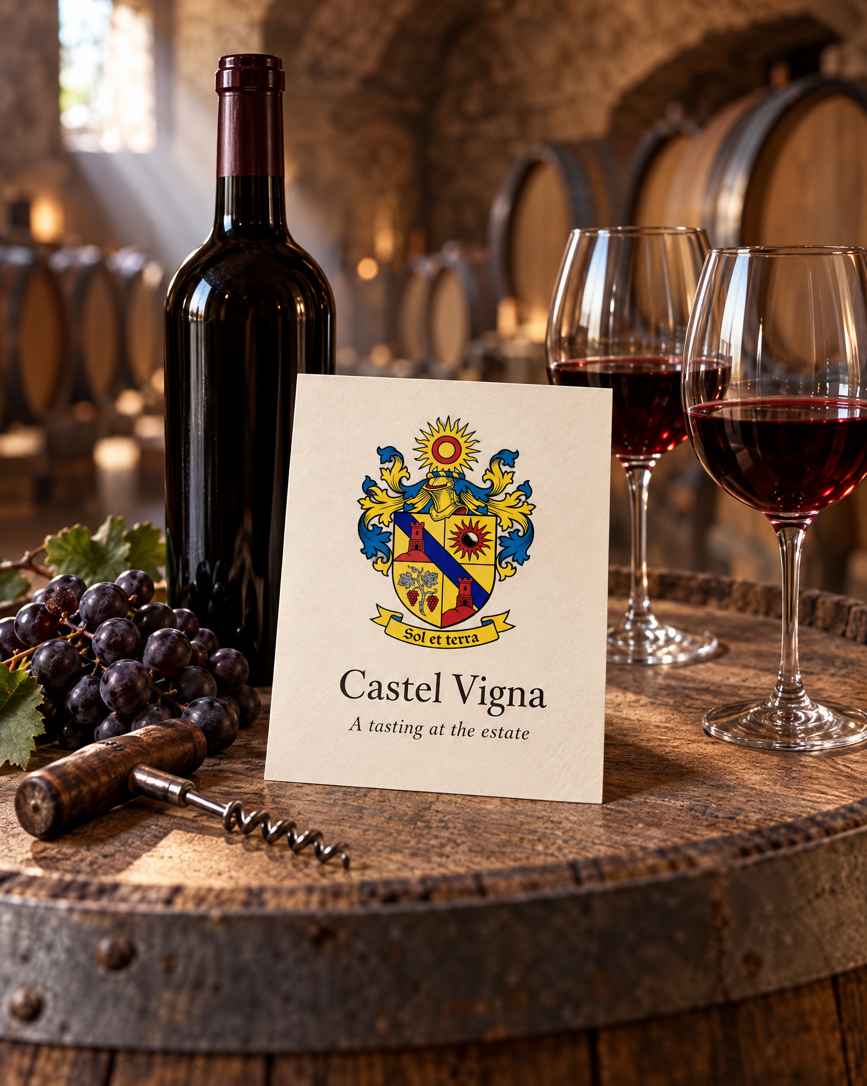 A Castel Vigna tasting card with a coat of arms of towers, a sun and grapes and the motto Sol et terra, on an oak barrel in a wine cellar.