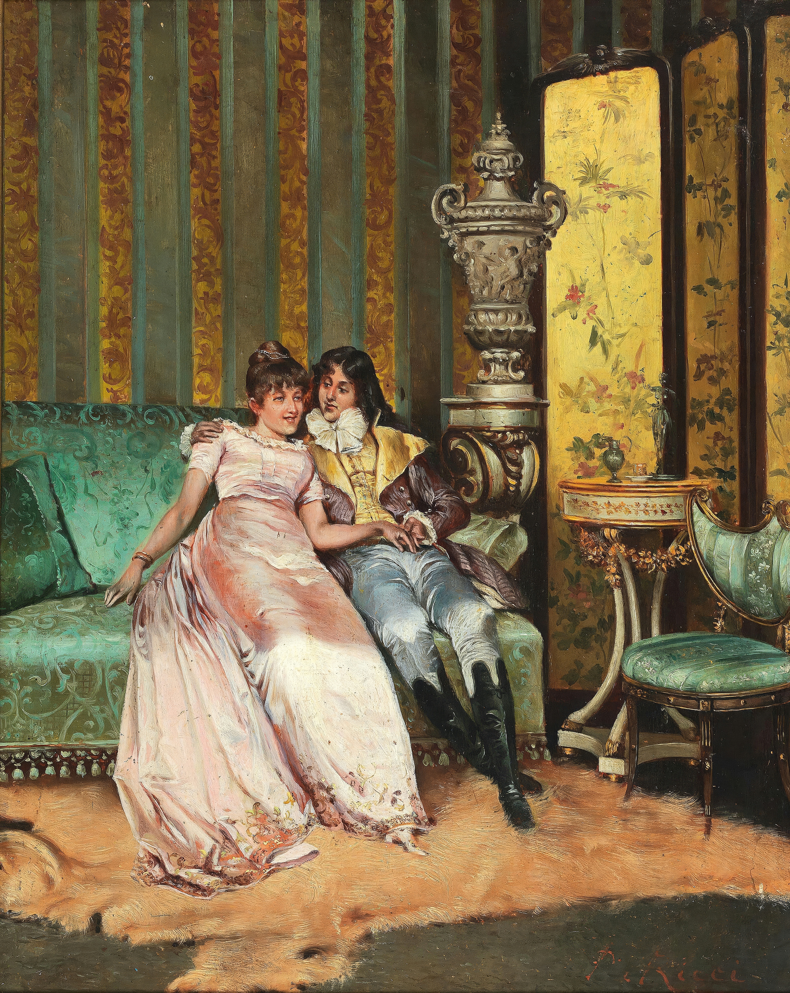 A young woman in a pink gown seated on a green silk sofa with a young man leaning against her shoulder, in a richly furnished salon with a painted screen and a tiled stove; painted by Pio Ricci.