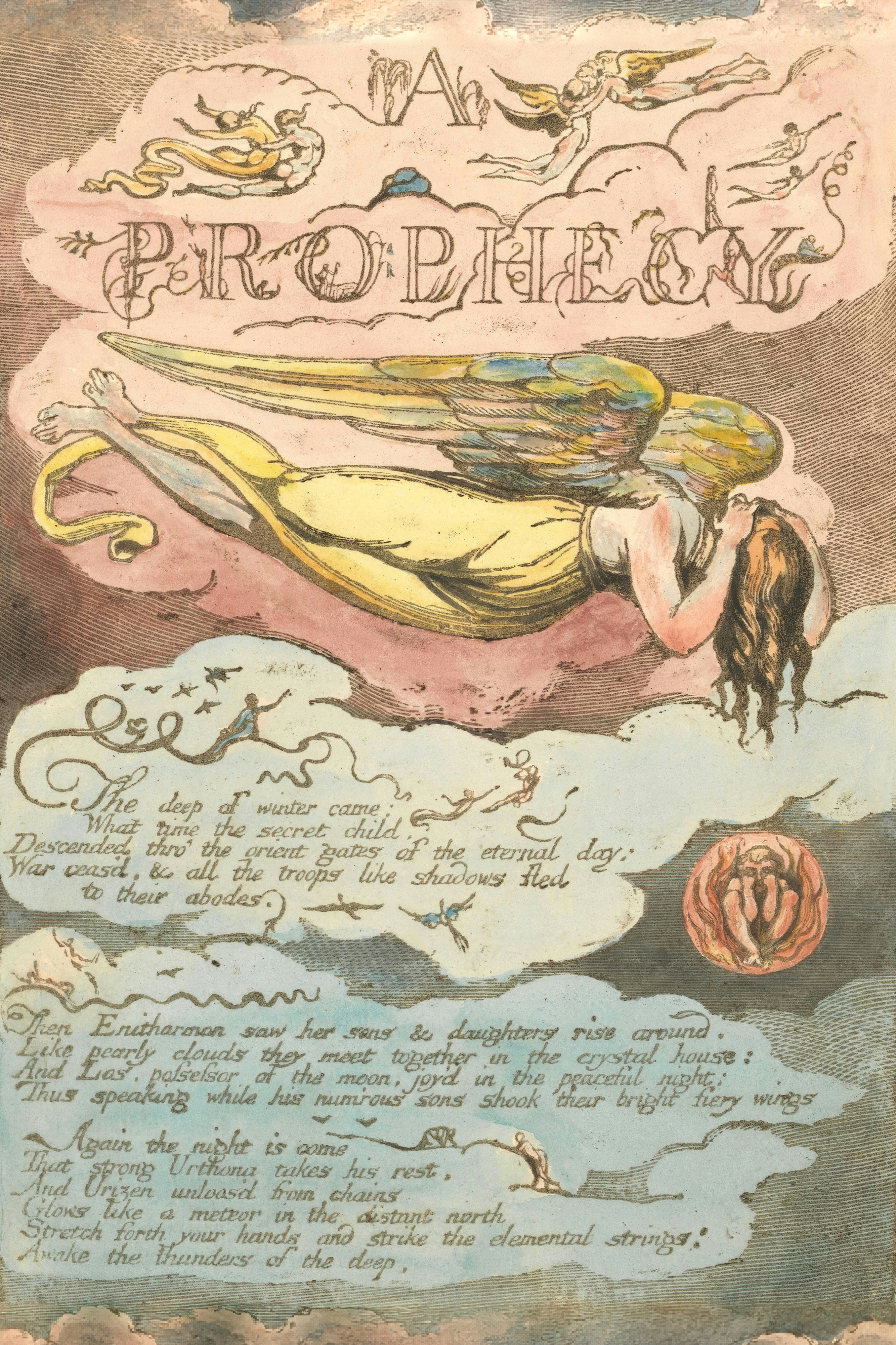 A winged figure with golden wings drifts over clouds and lines of verse.