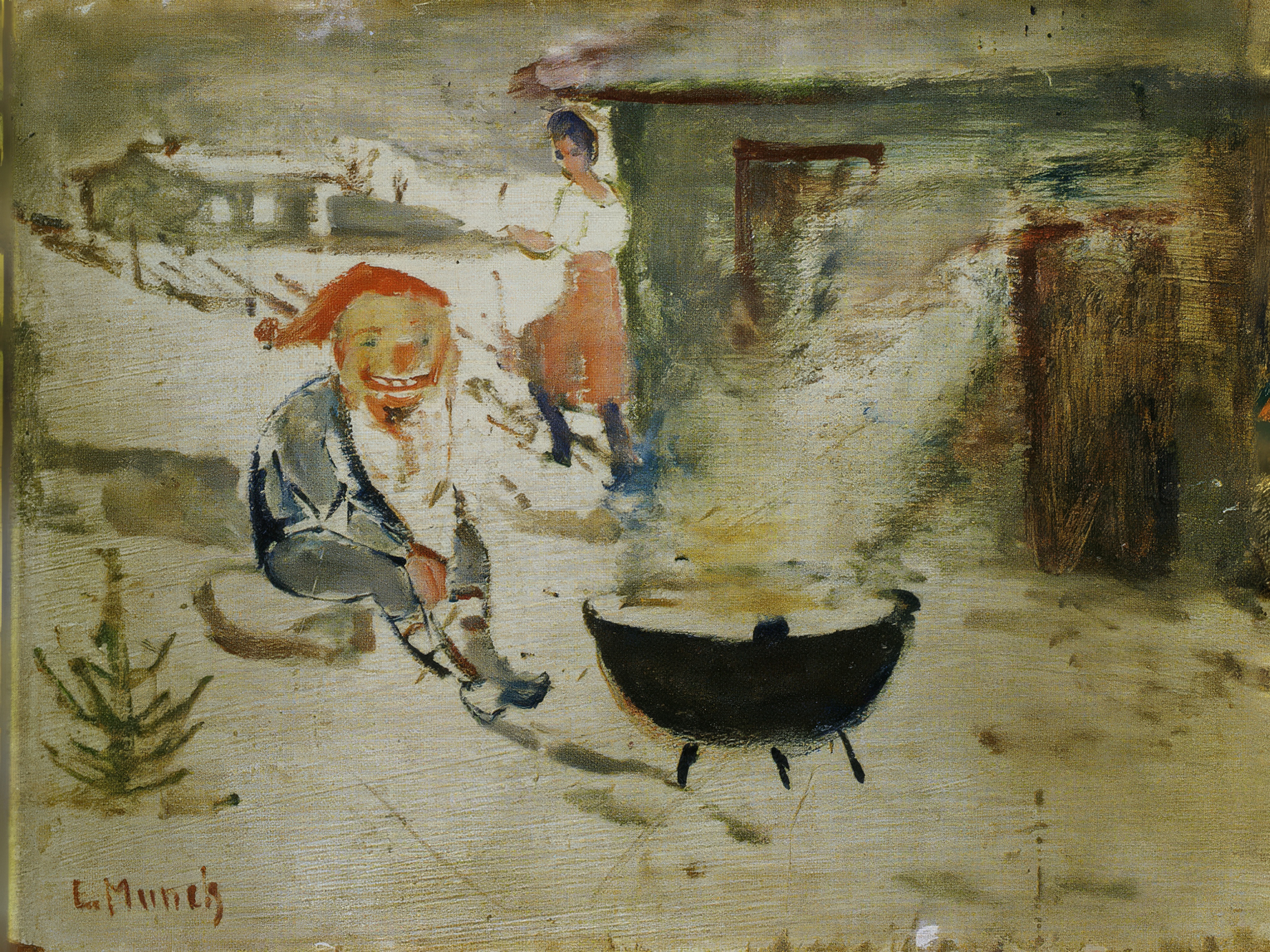 A small figure in a red cap crouches in the snow over a pot of porridge outside a wooden barn.