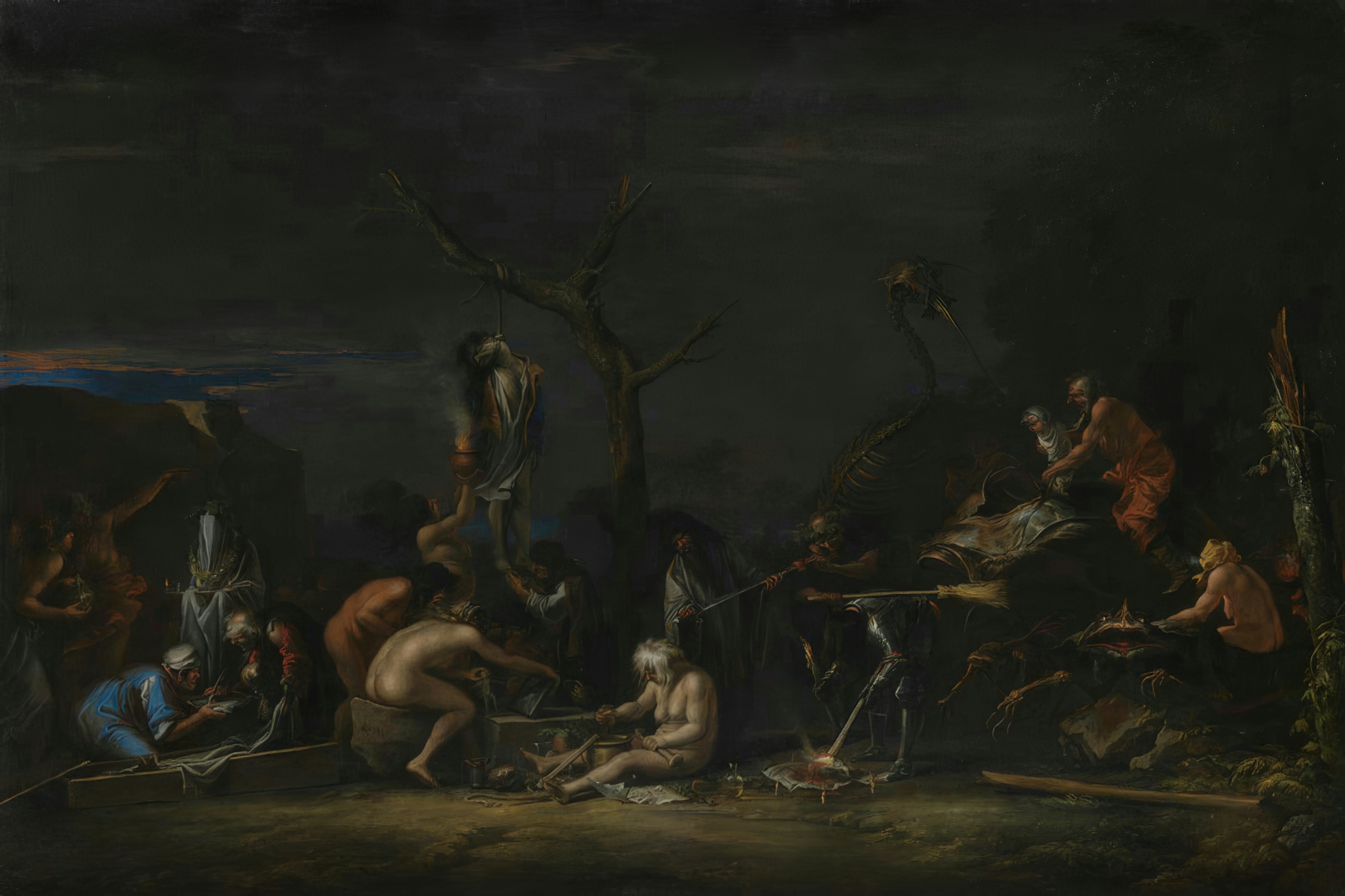 A dark night scene of witches at work around a hanged man, a skeleton and a smoking fire.