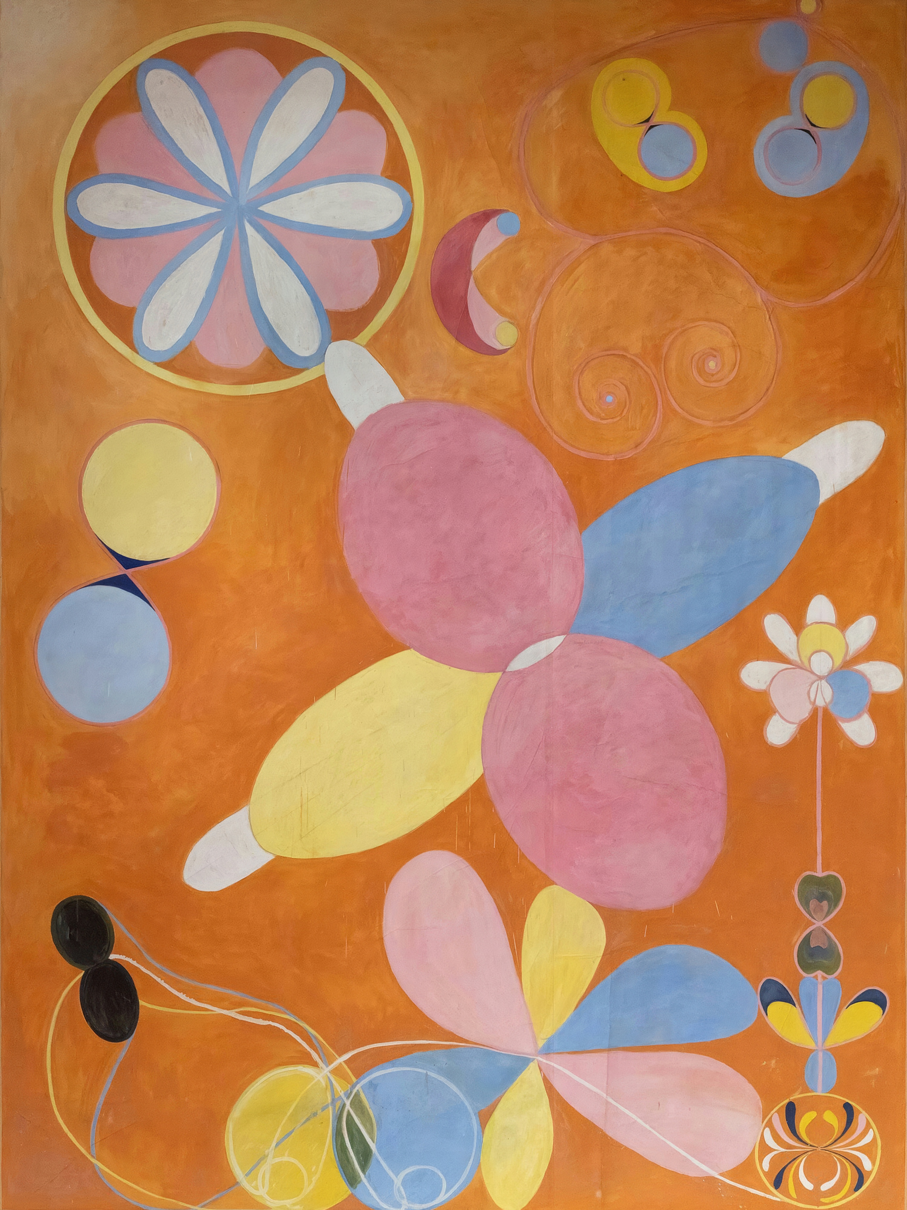 A great four petalled flower and a yellow rosette float on a warm orange ground.