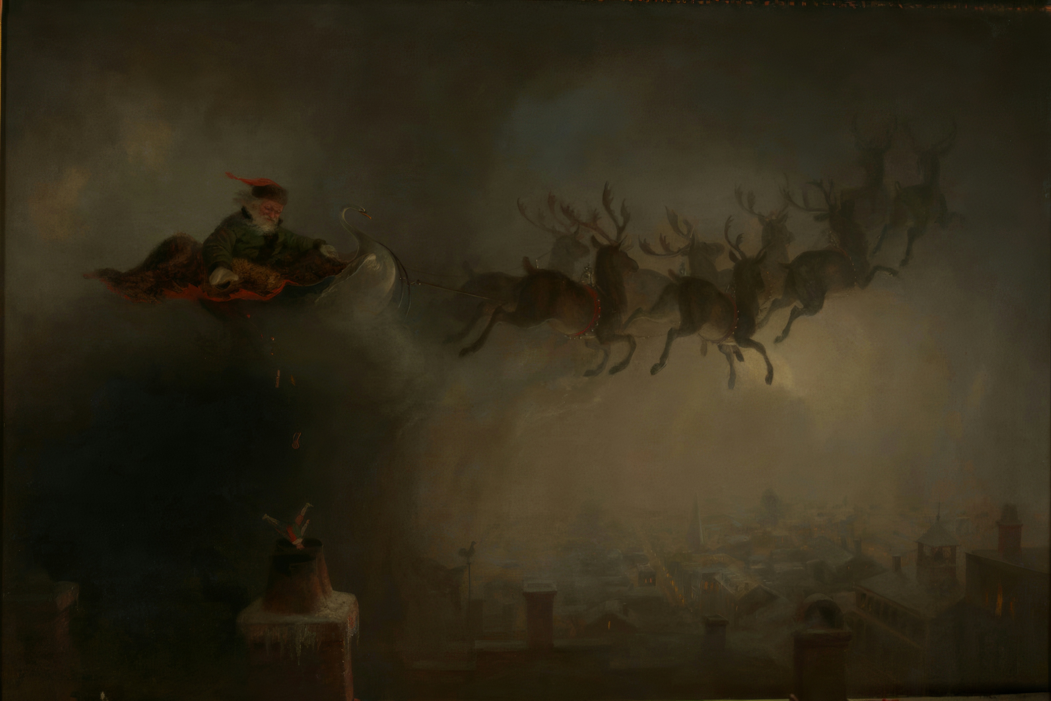Santa Claus in a sleigh pulled by leaping reindeer flies through a misty night sky over the chimneys of a sleeping town.