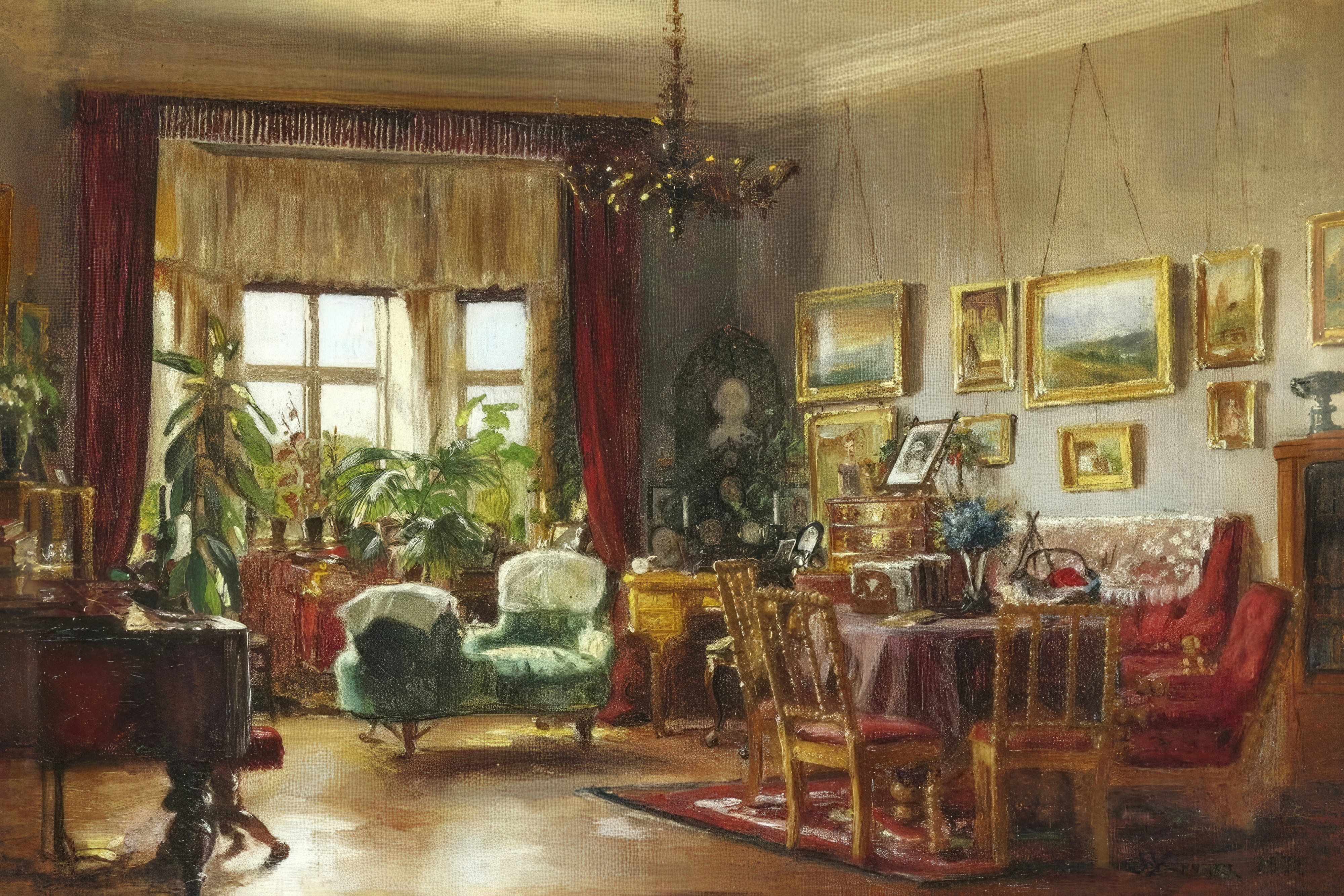 Sunlight pours through a bay window draped in red, onto a green armchair and a wall of pictures.