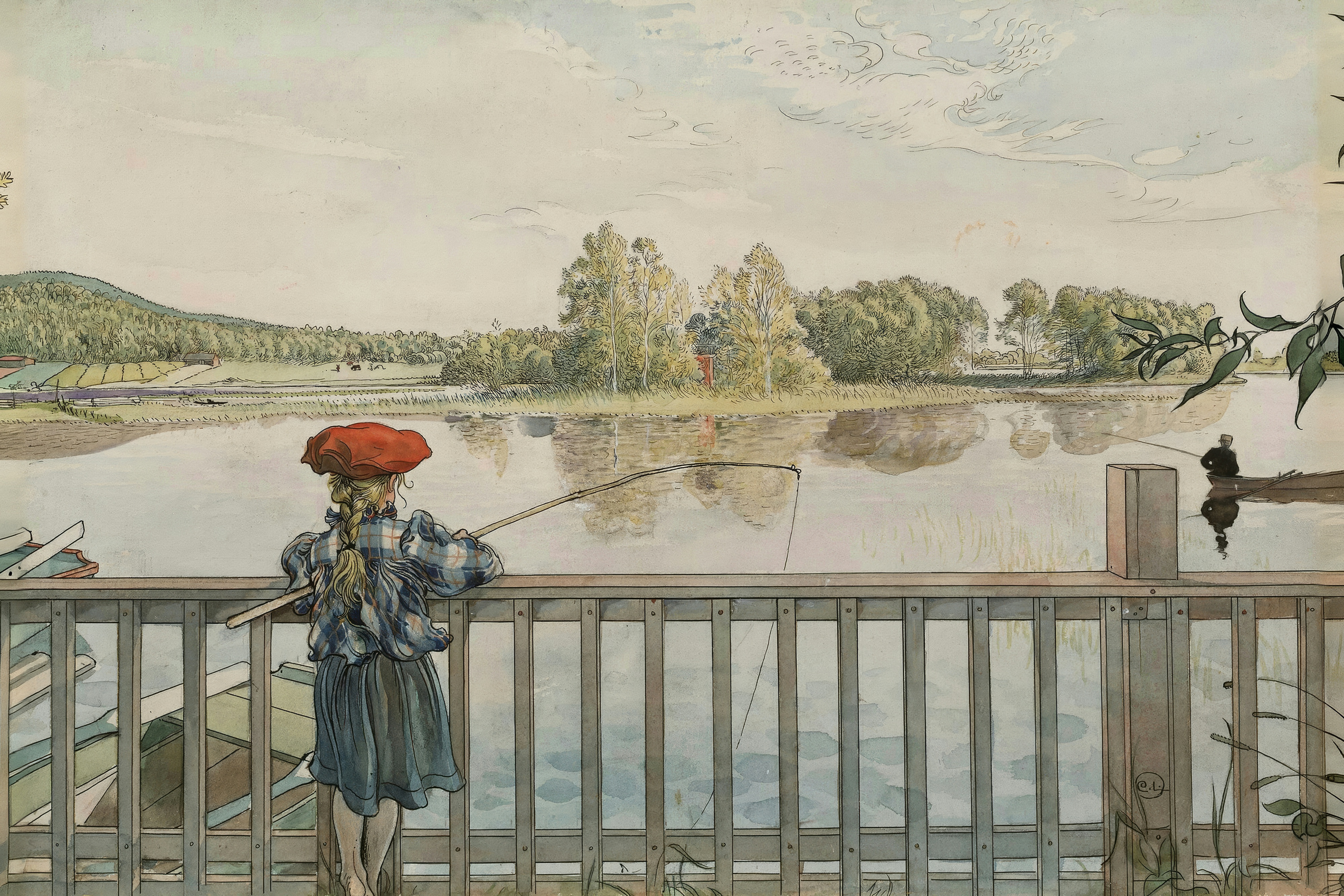 A girl in a red cap leans on a railing to fish in a wide, calm river, with a red farmhouse beyond.