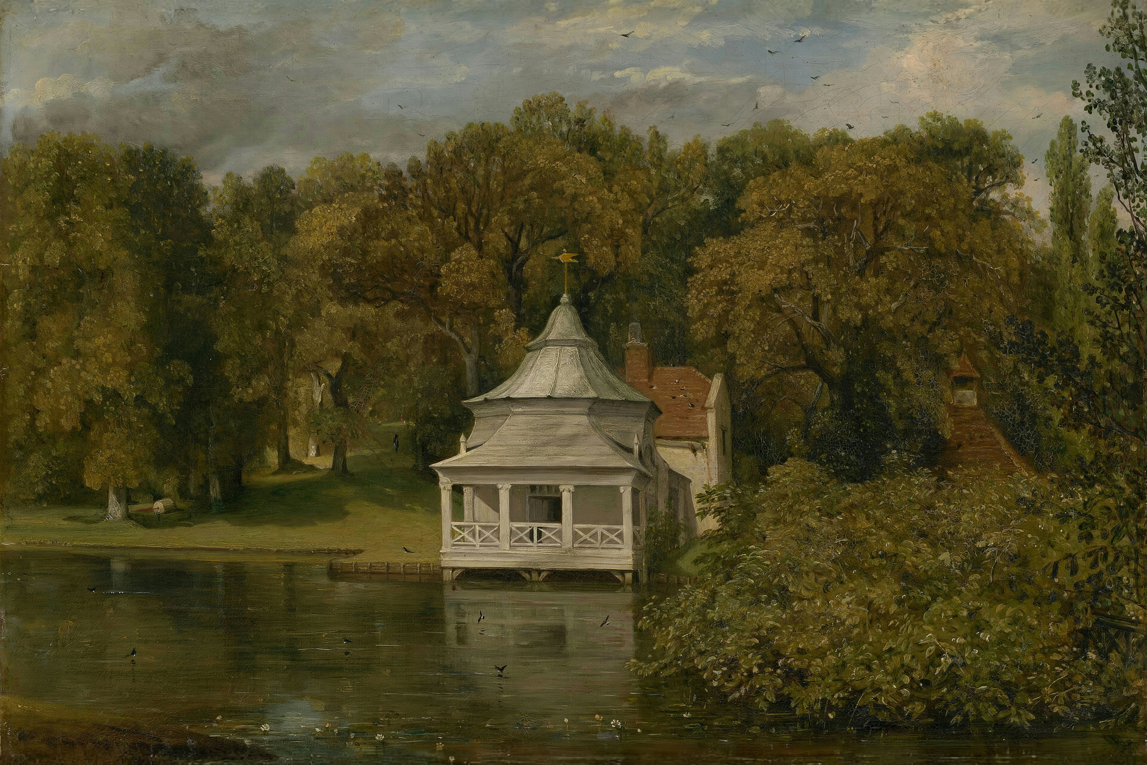 A white pavilion with a tiered roof stands at the edge of a glassy lake among trees.