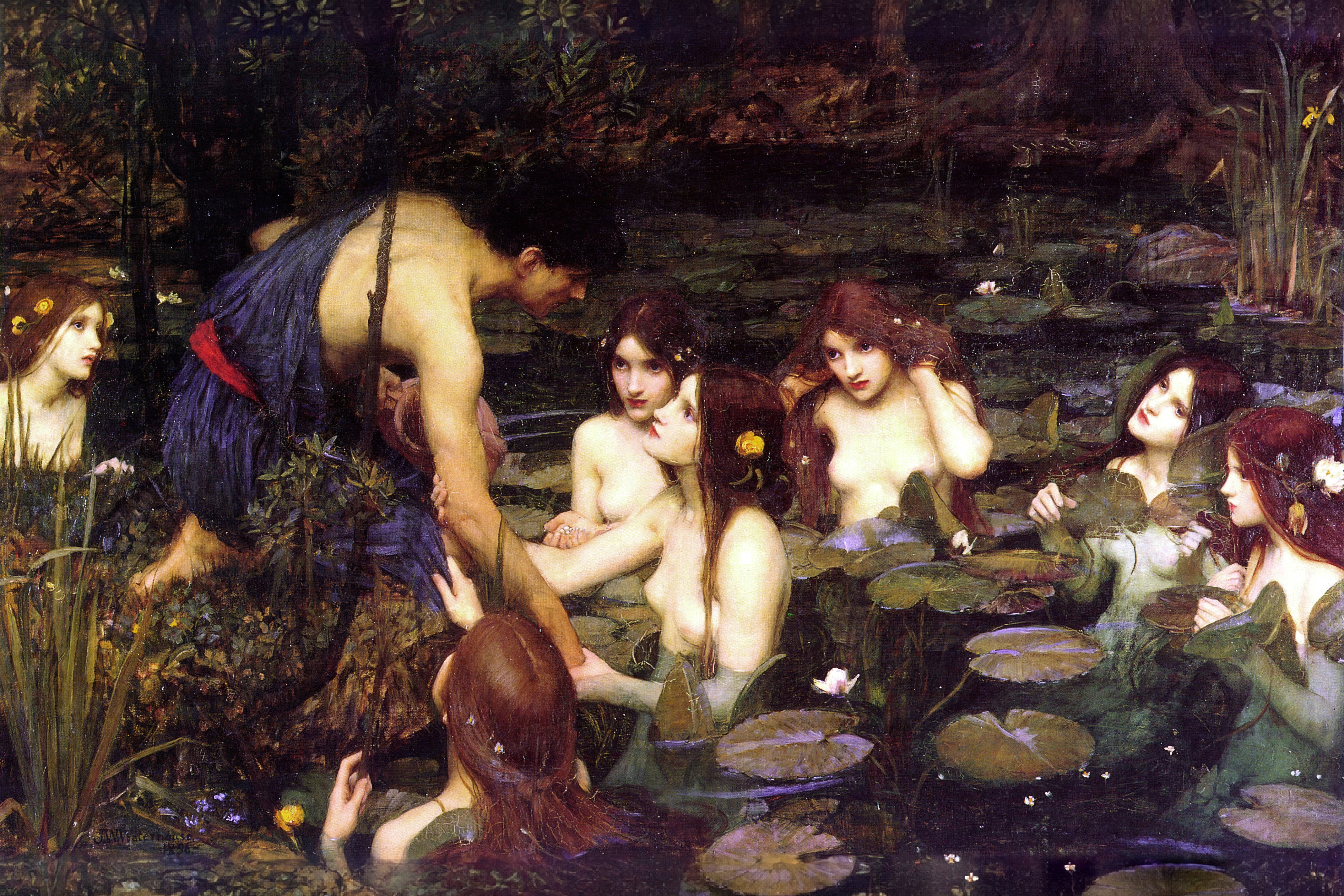 Seven water nymphs rise among lily pads to pull a young man in a blue tunic into the pool.