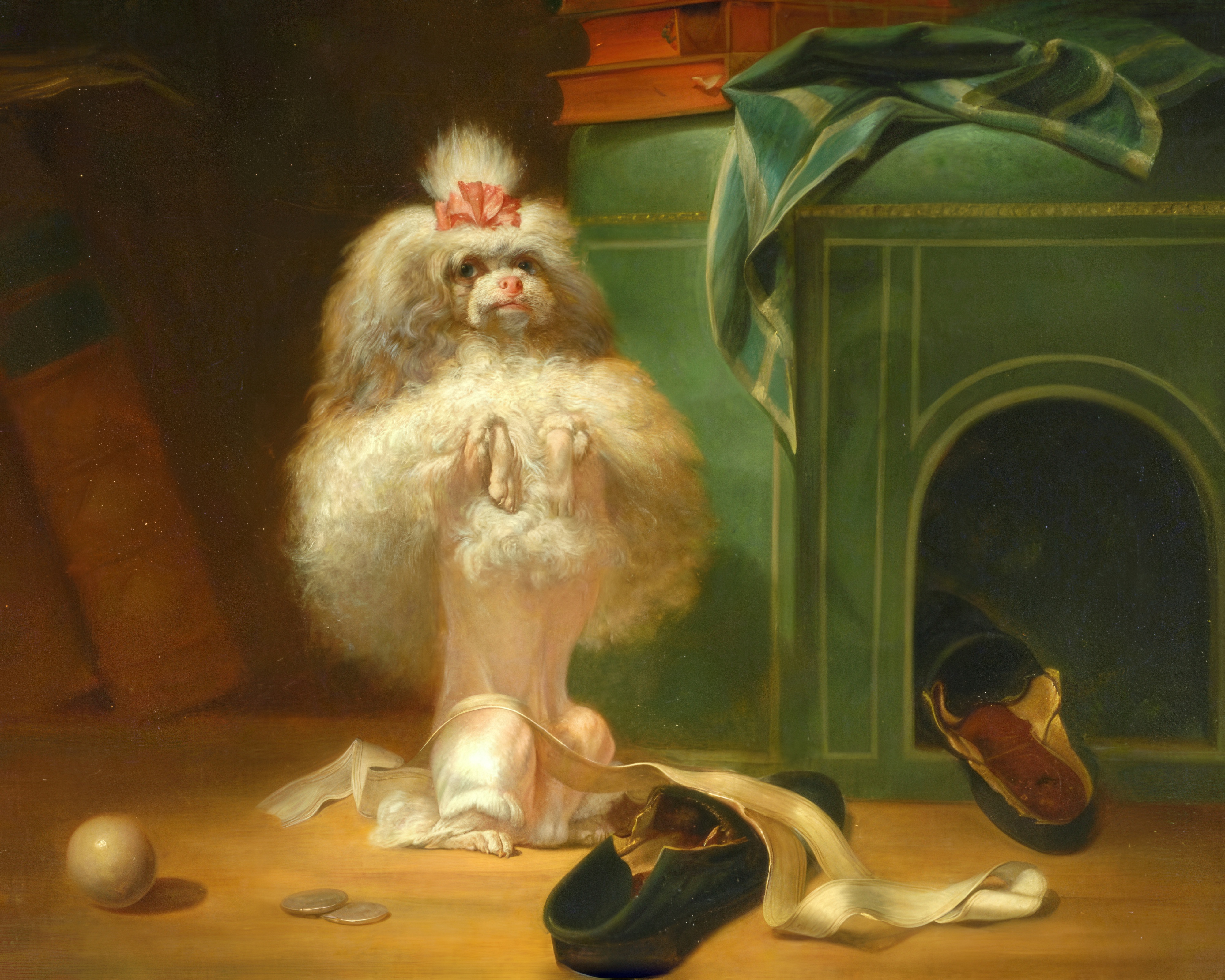 A small fluffy white dog with a pink bow stands on its hind legs among a fallen book, coins and a slipper.