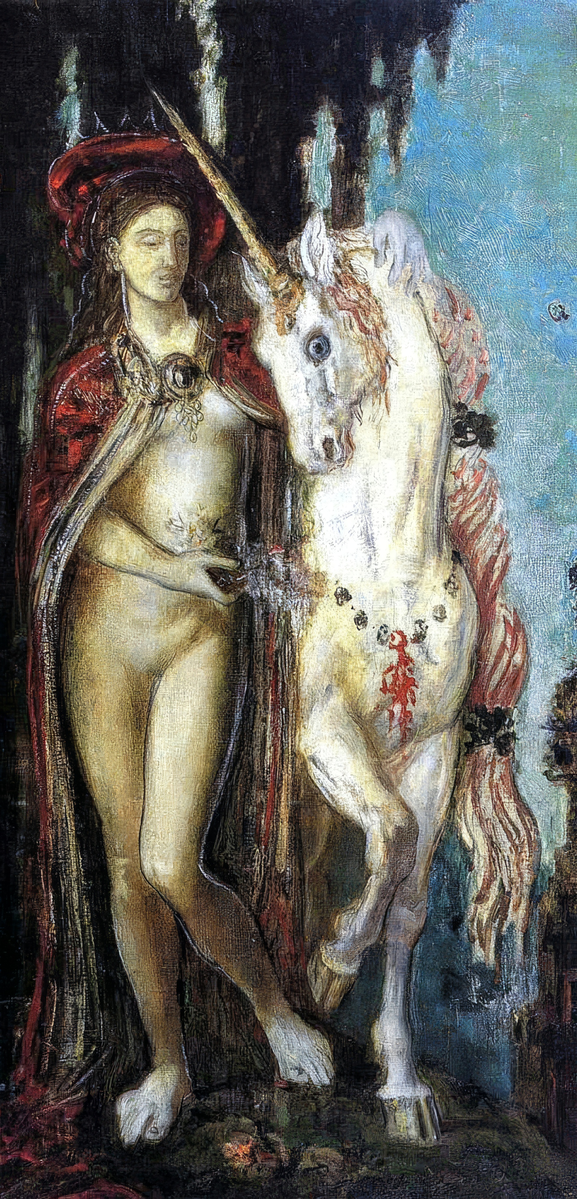 A figure stands beside a unicorn in a shadowy grove, with a glimpse of brilliant blue sky.