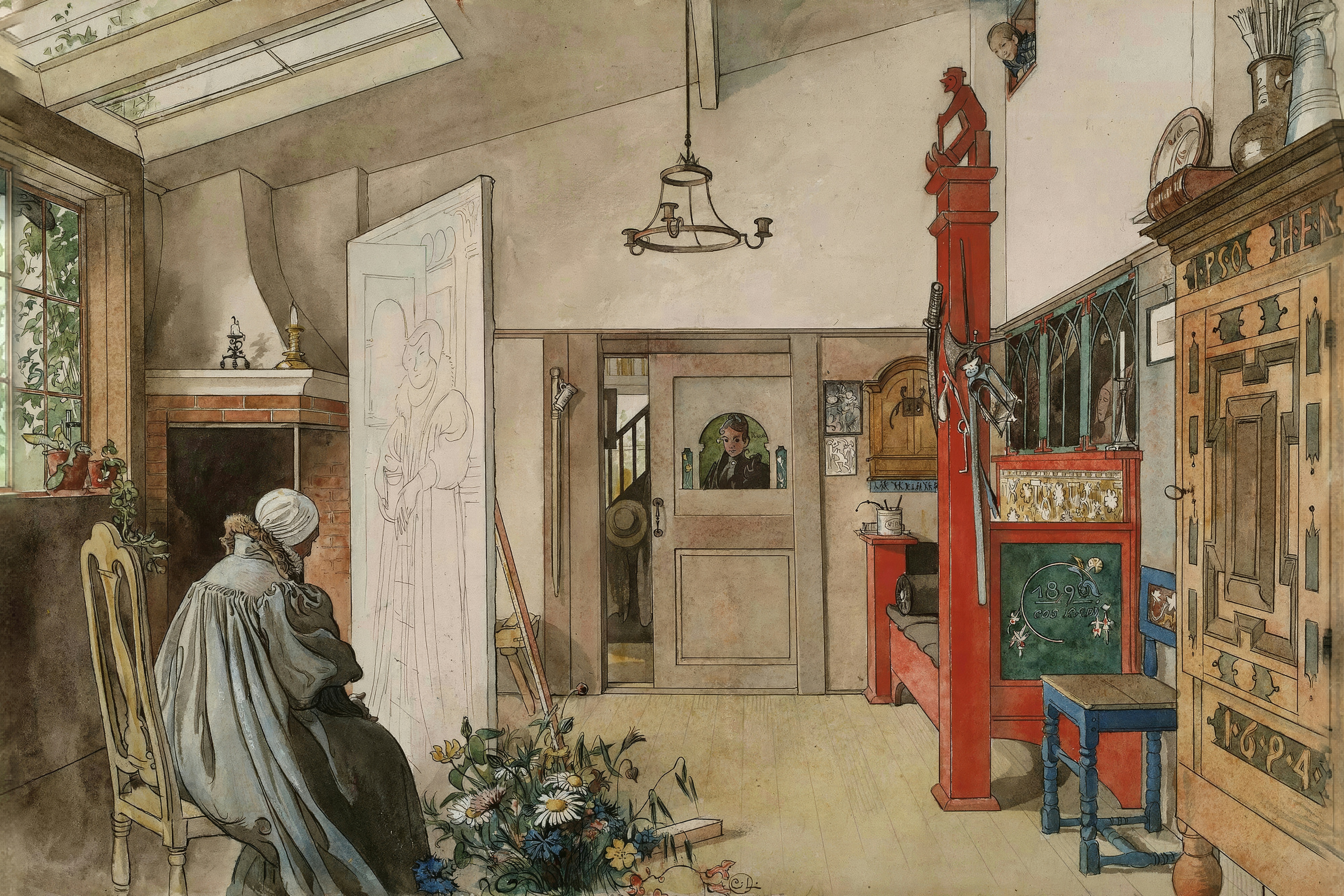 A sunlit studio with a tall painted door, wildflowers on the floor and faces peeking from a hatch.