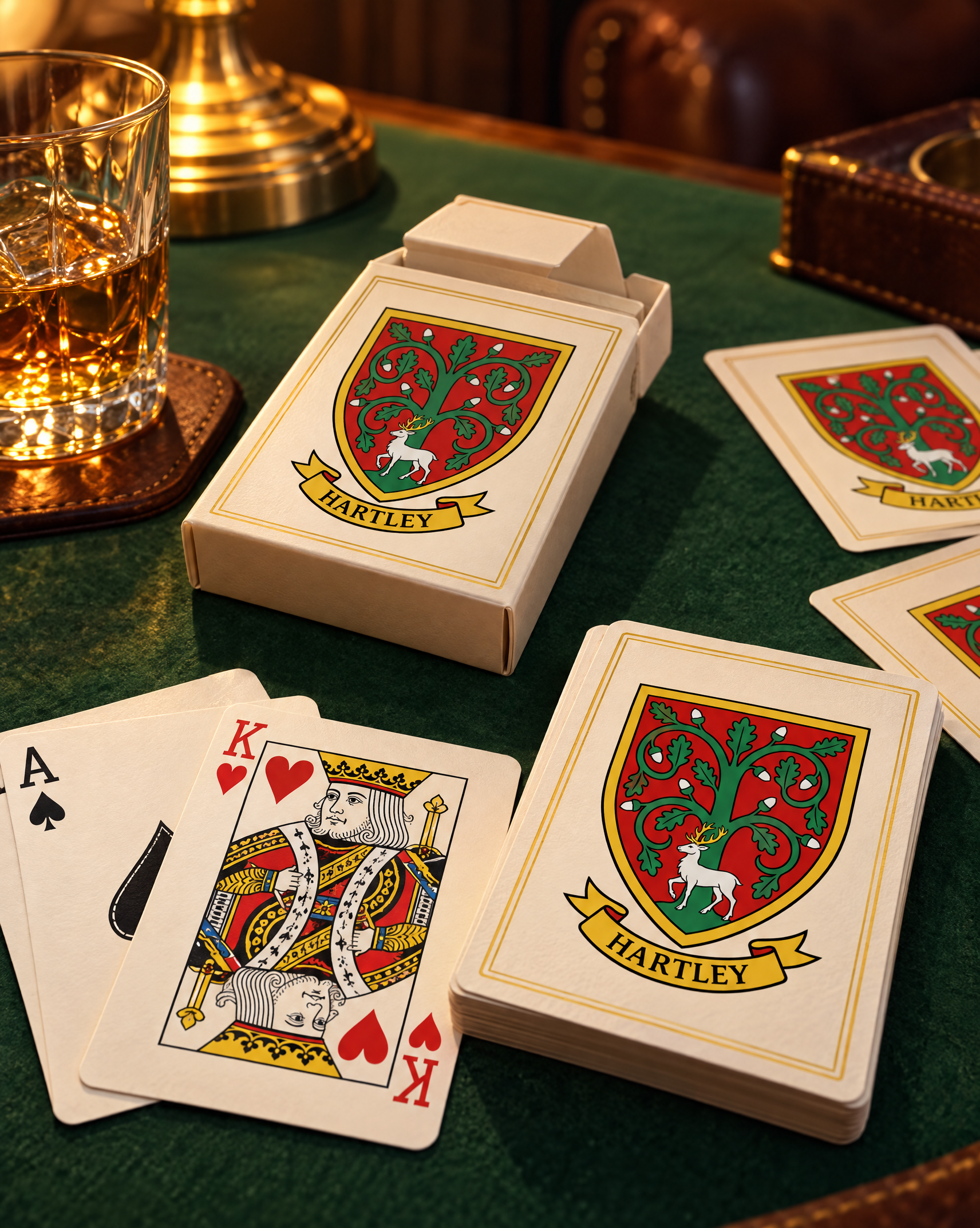 A deck of playing cards on green baize with the Hartley coat of arms on the box and card backs, an ace and a king fanned beside a glass of whisky.