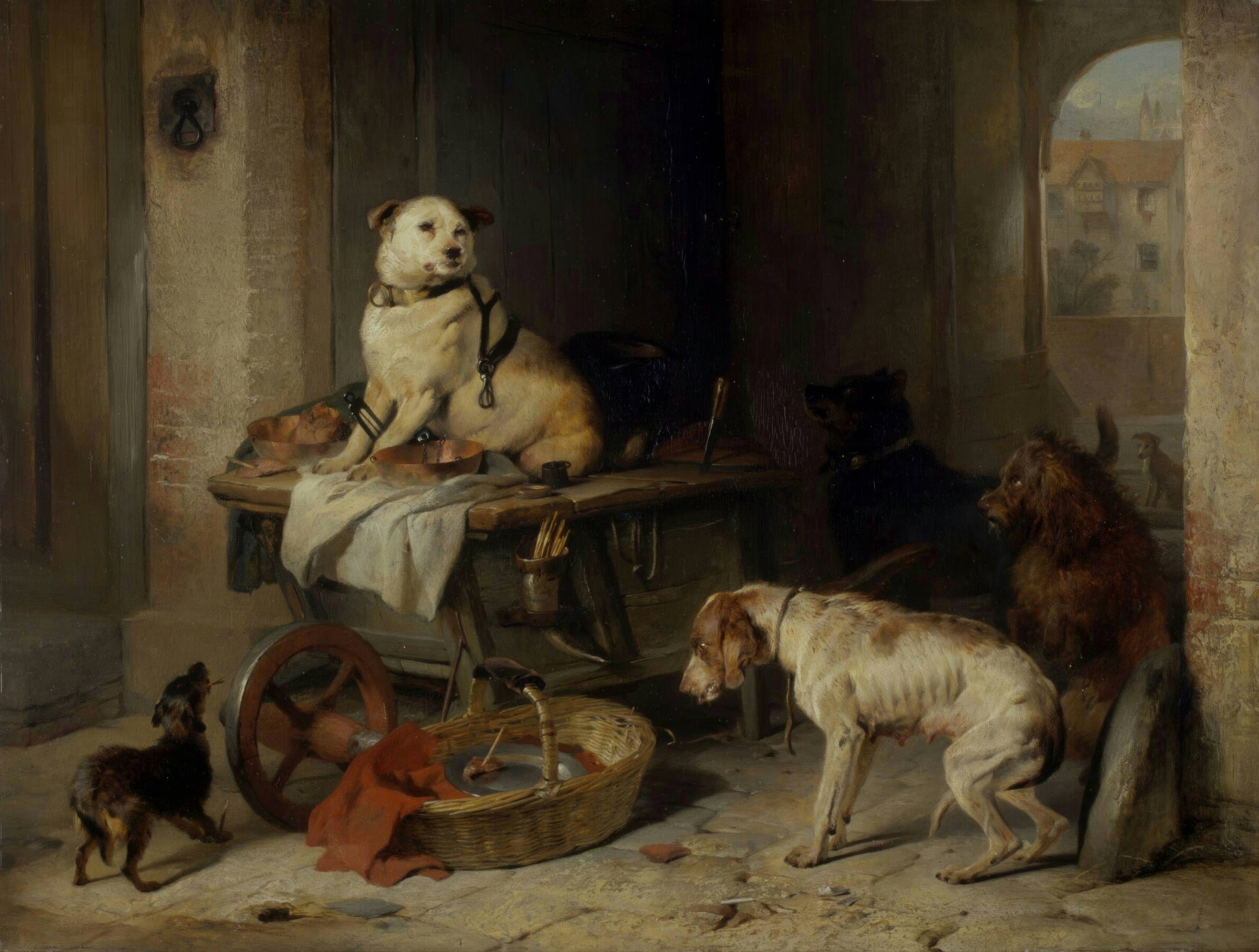A plump dog sits proudly on a meat cart, guarding it from a group of hungry dogs below.