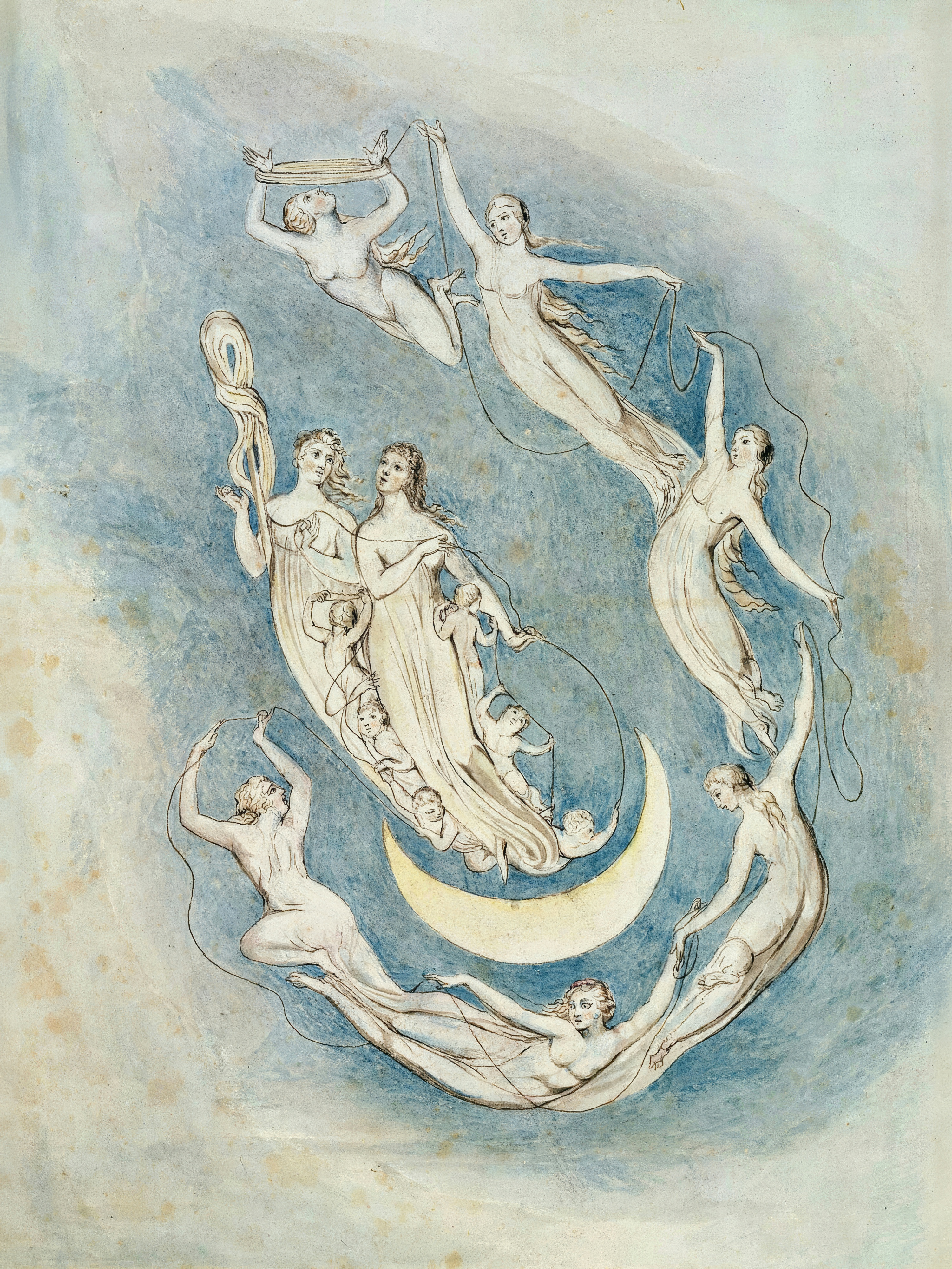 Women and children float in a circle around a crescent moon in a pale blue sky.