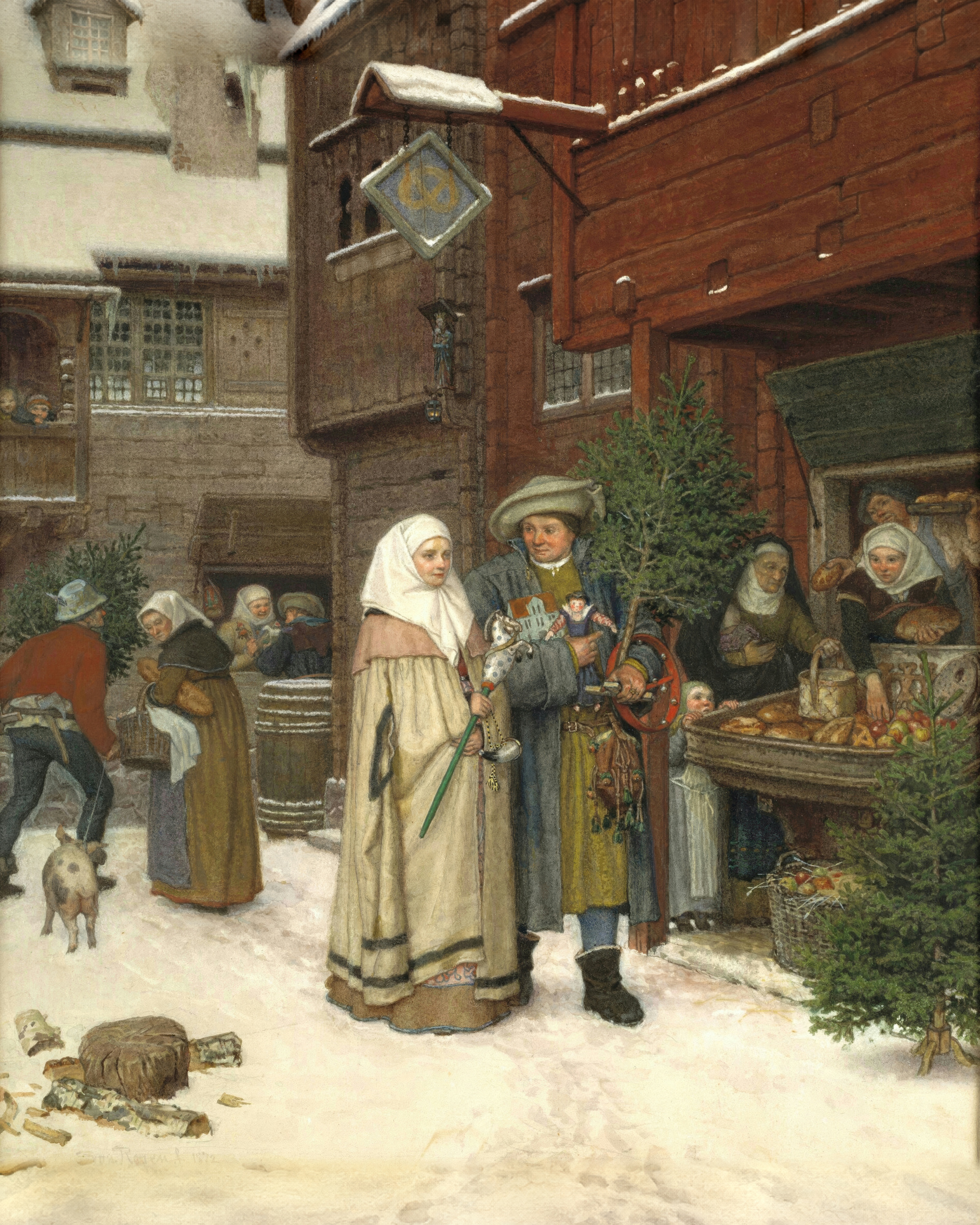 A couple carries a tree, a doll and a hobby horse across a snowy square framed by old timbered houses.