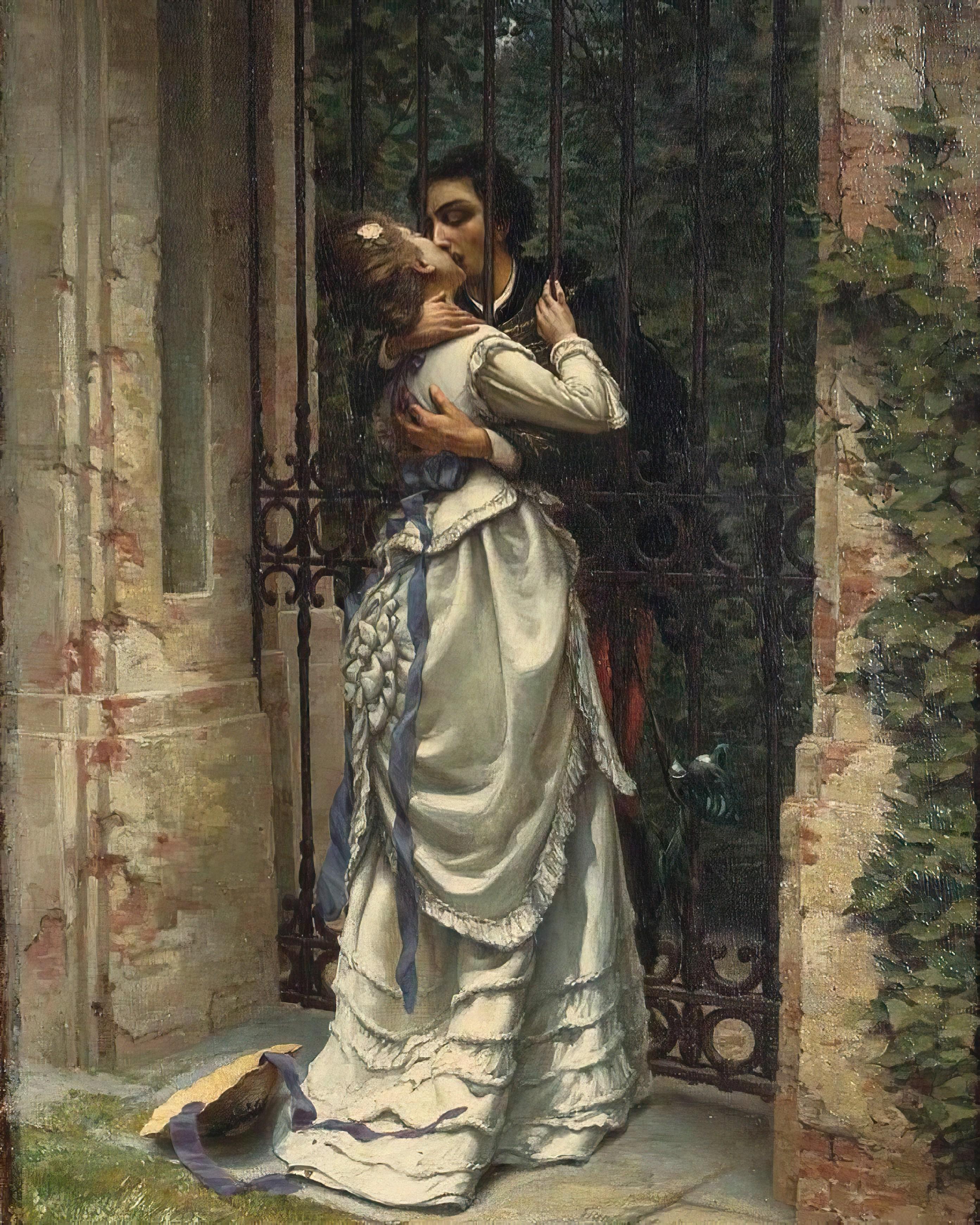 A woman in a long white dress kissing a dark-haired man at a wrought-iron garden gate in an ivy-covered wall, a straw hat fallen at their feet; painted by Silvio Allason.