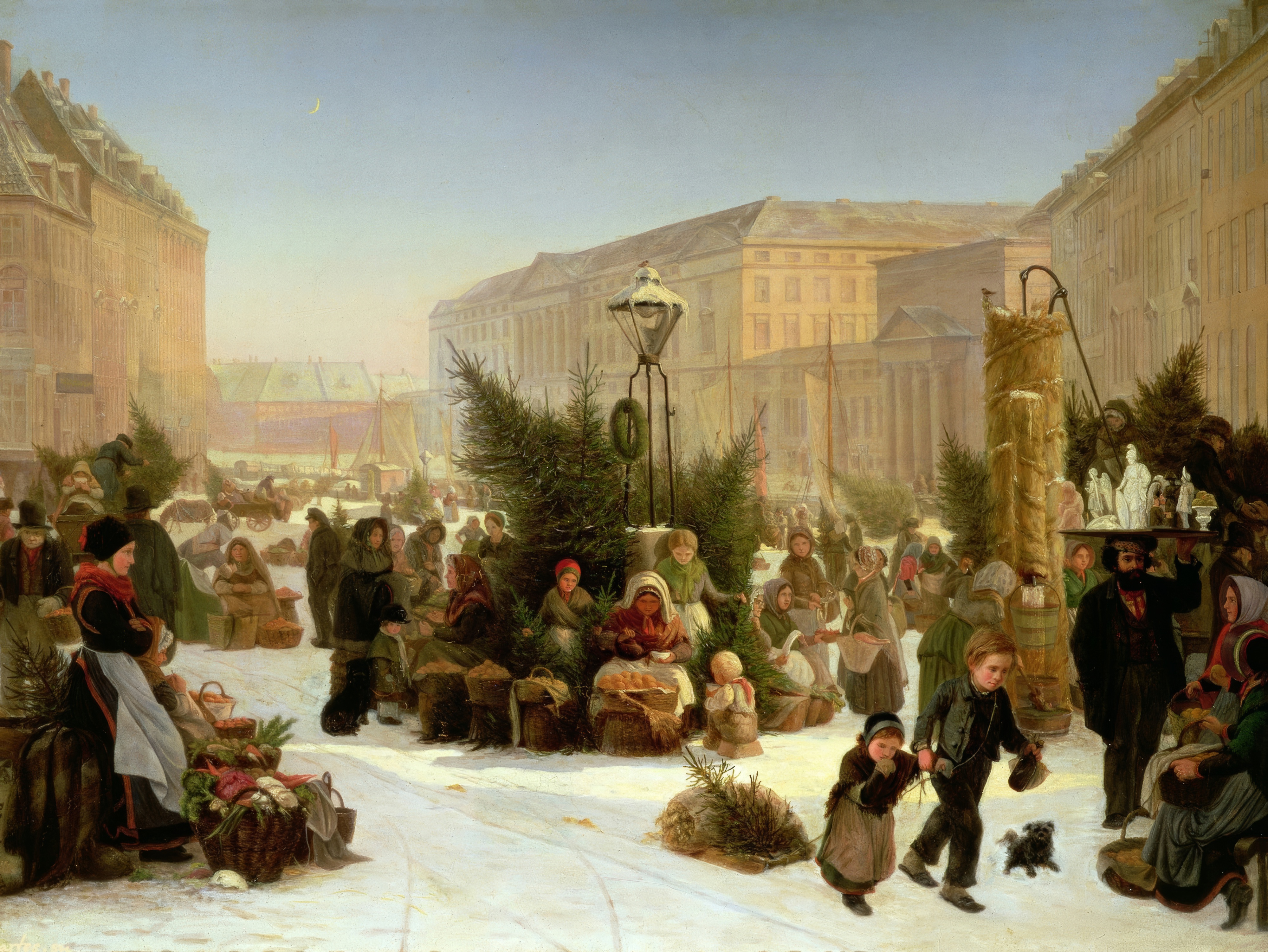 Vendors sell fir trees in a snowy city square, and two children pull a small tree on a sled.