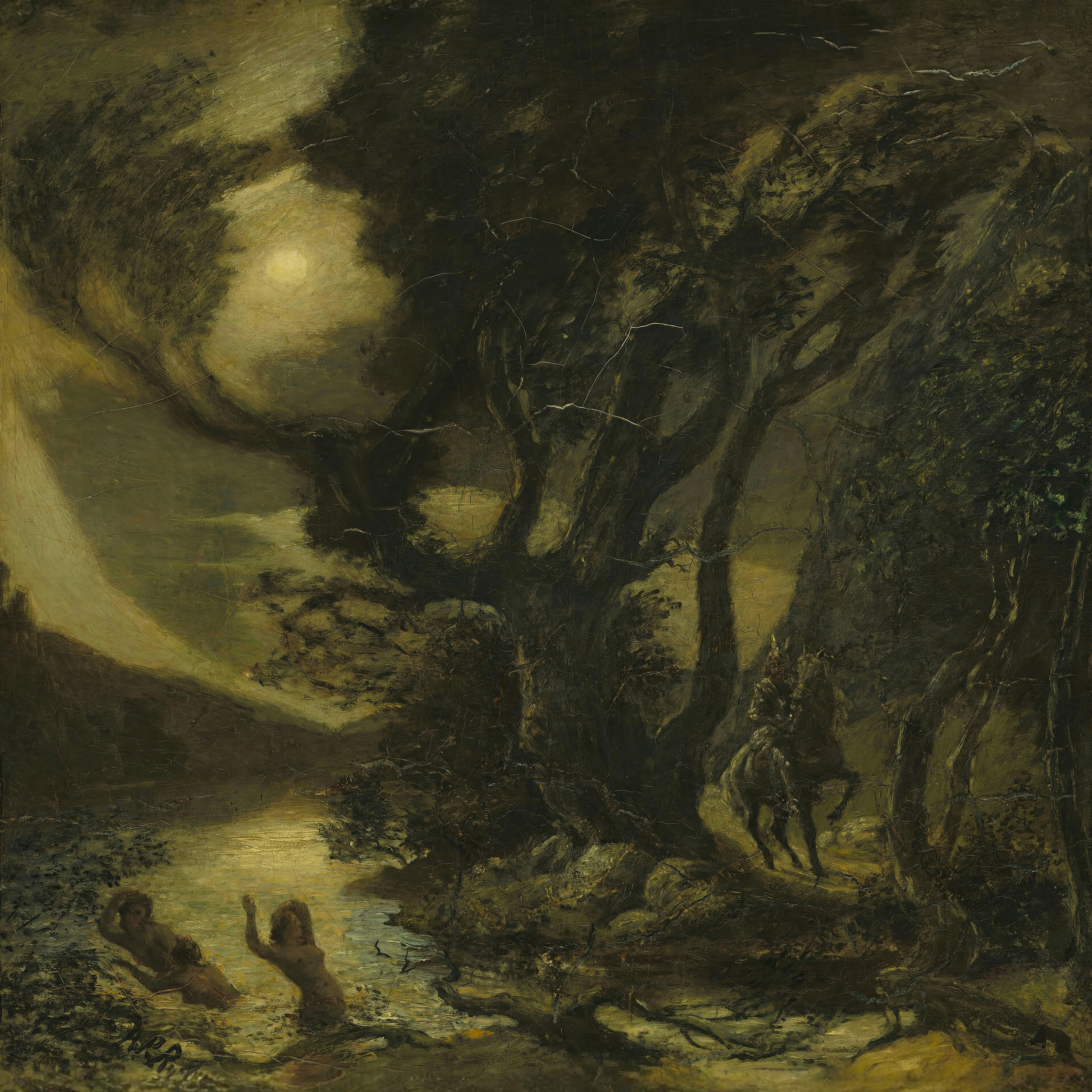 A horseman rides through a dark moonlit forest while pale figures of river maidens rise from the water.