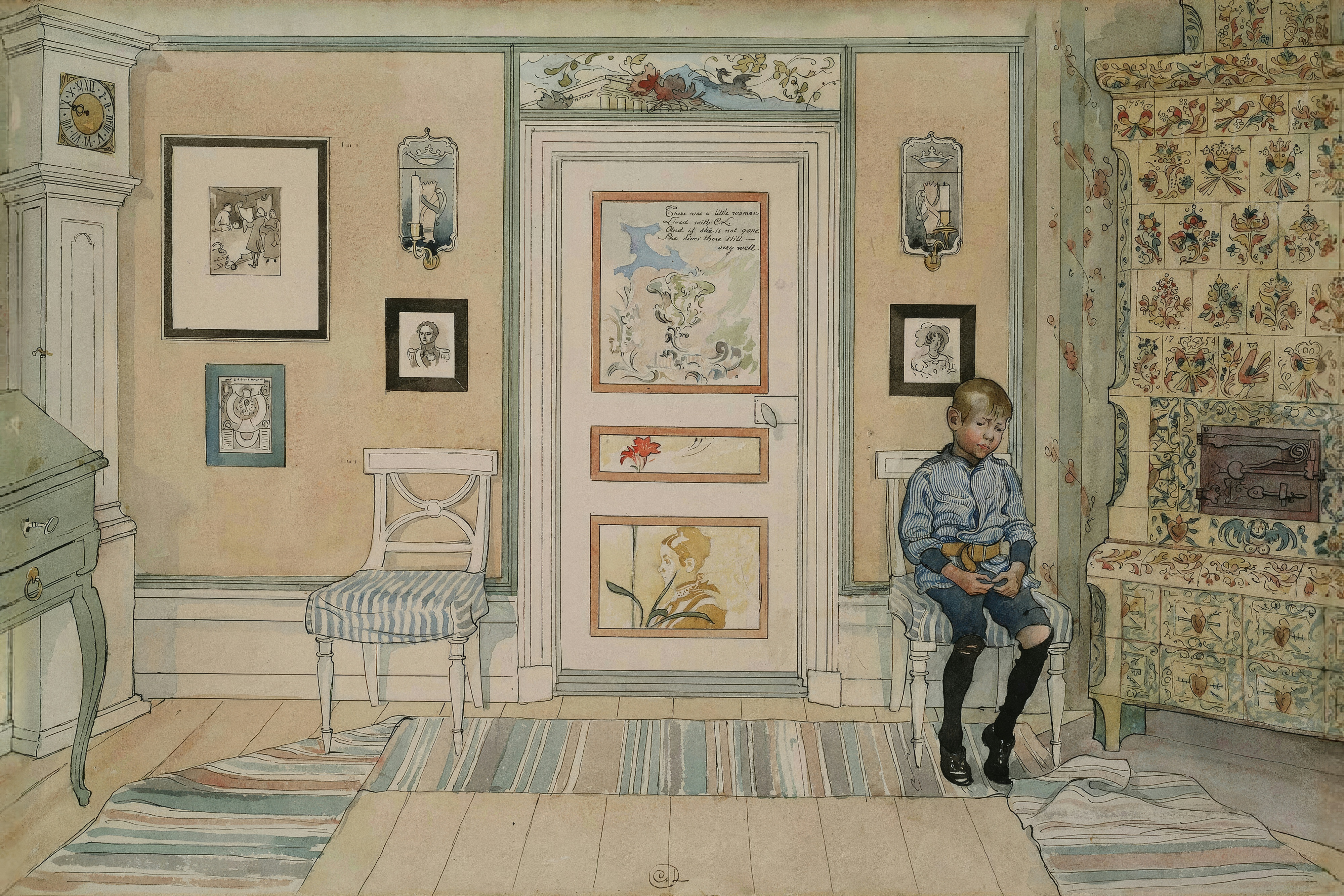 A young boy sits in a striped chair in the corner of a pale, sunlit Swedish room.
