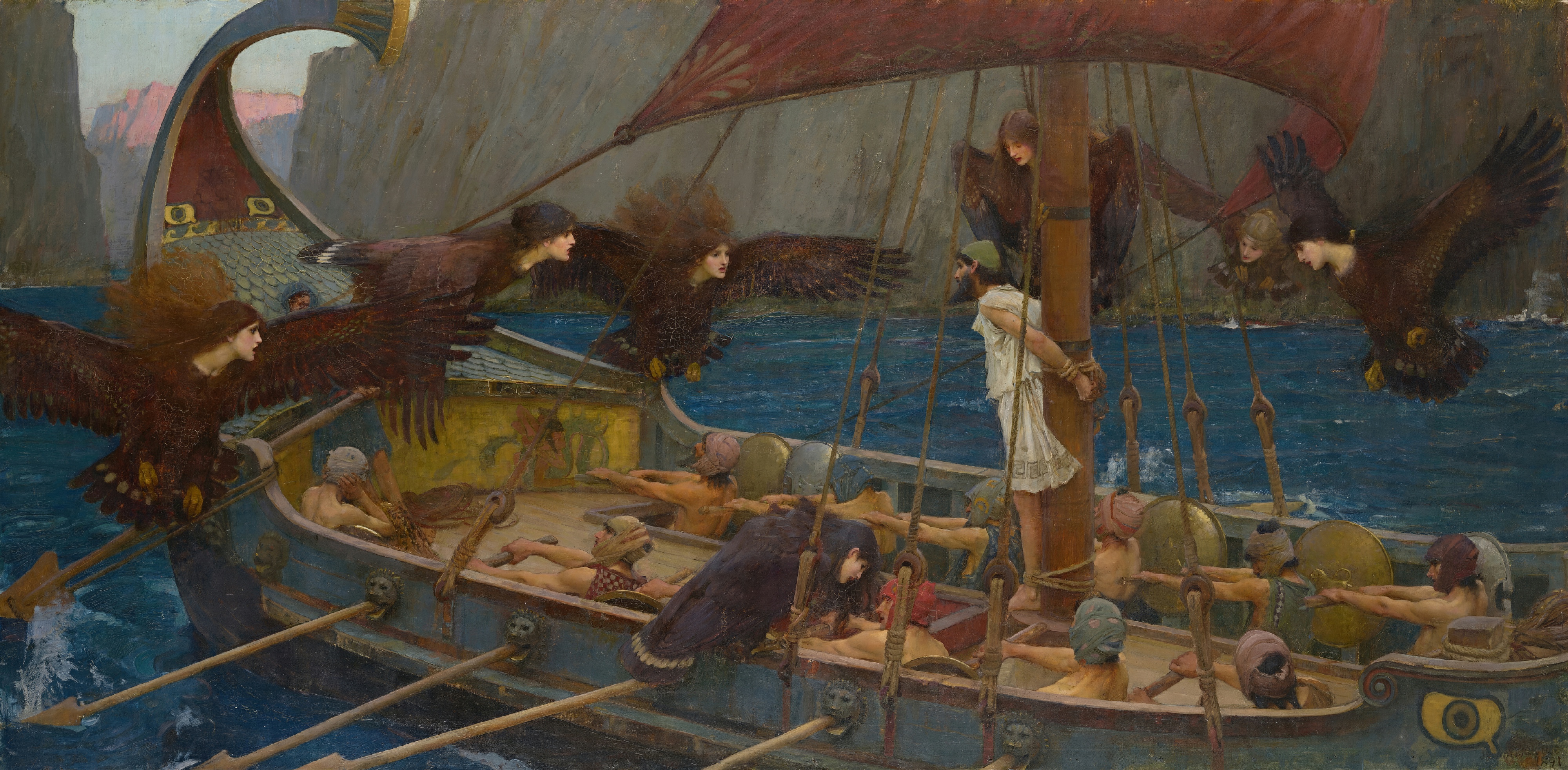 Bird-bodied sirens with women's faces circle a Greek ship where a man is tied to the mast.