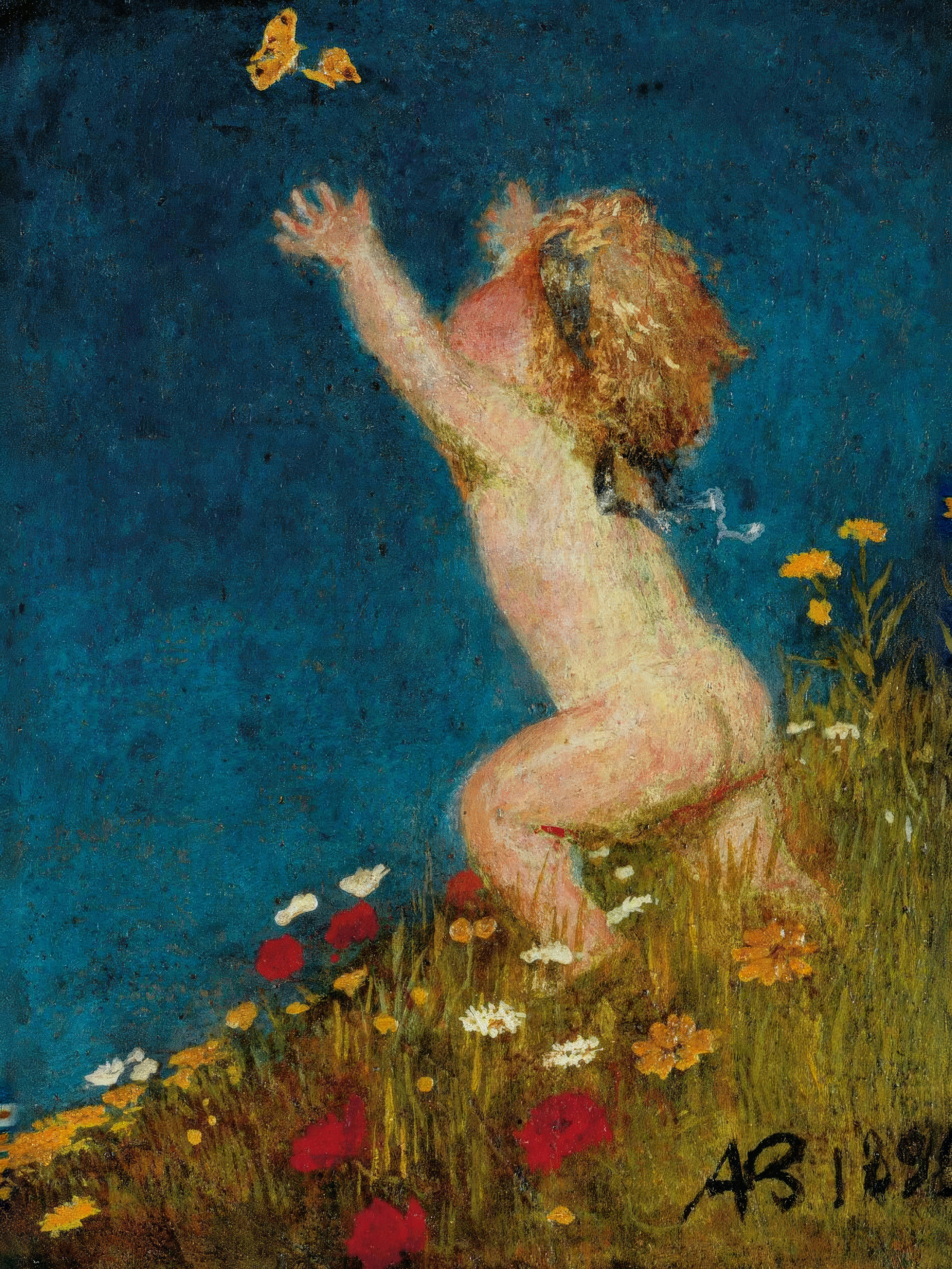 A small winged child in a meadow of flowers reaches for a golden butterfly.
