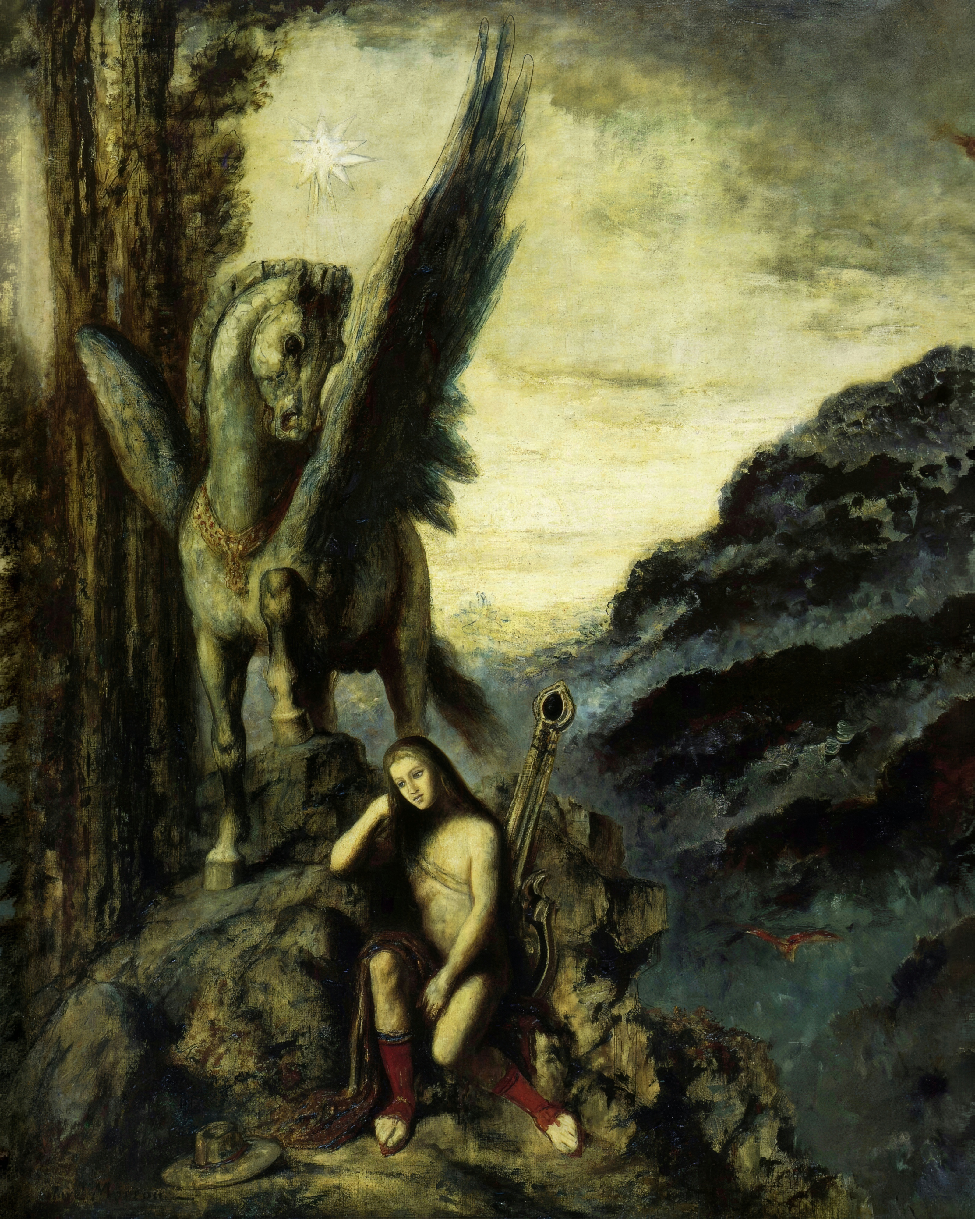 A poet rests on a rocky ledge beside a golden lyre and a winged horse under a bright star.