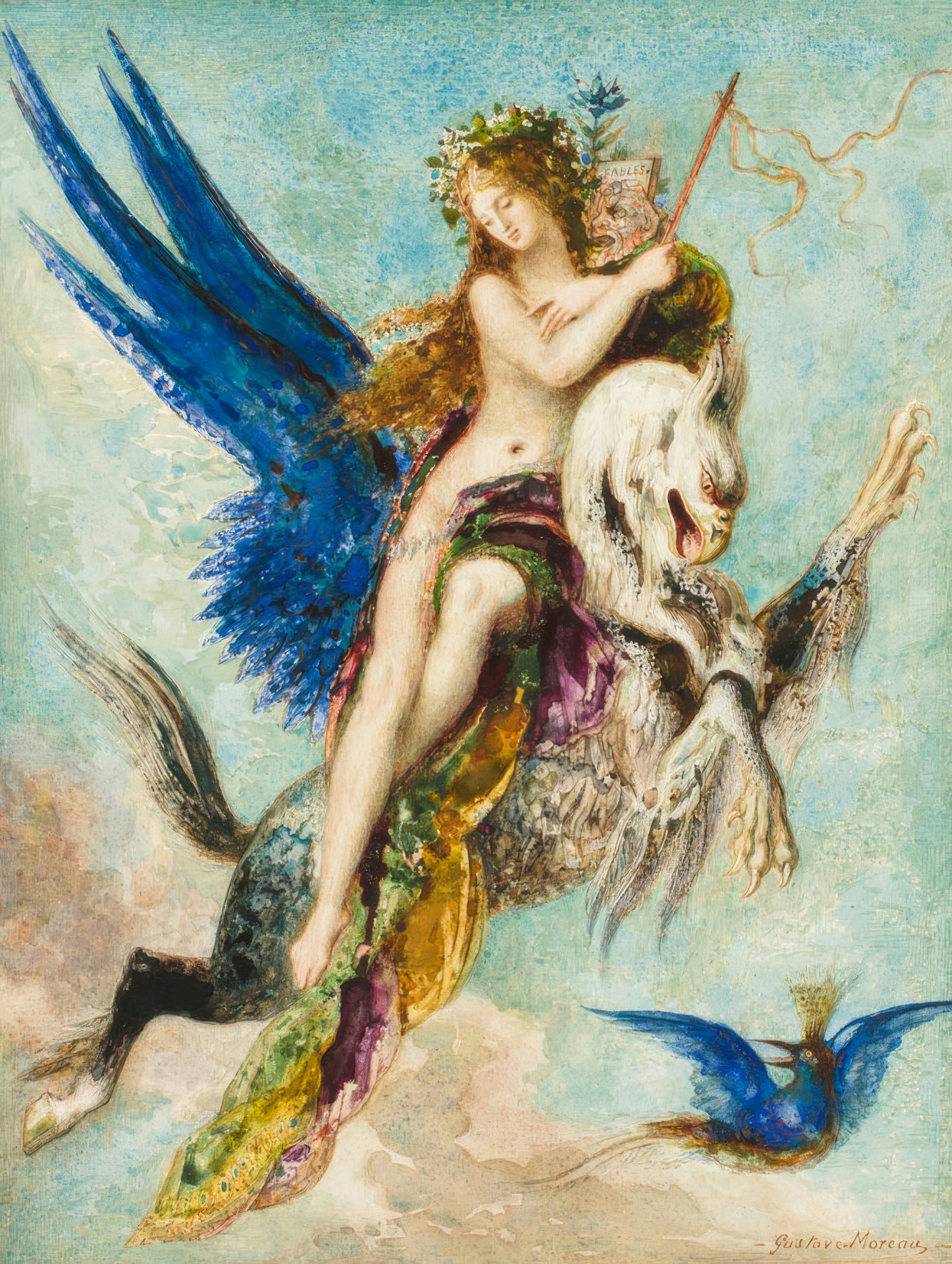 A winged figure crowned with flowers rides a fantastic beast through the clouds, carrying a banner reading Fables.