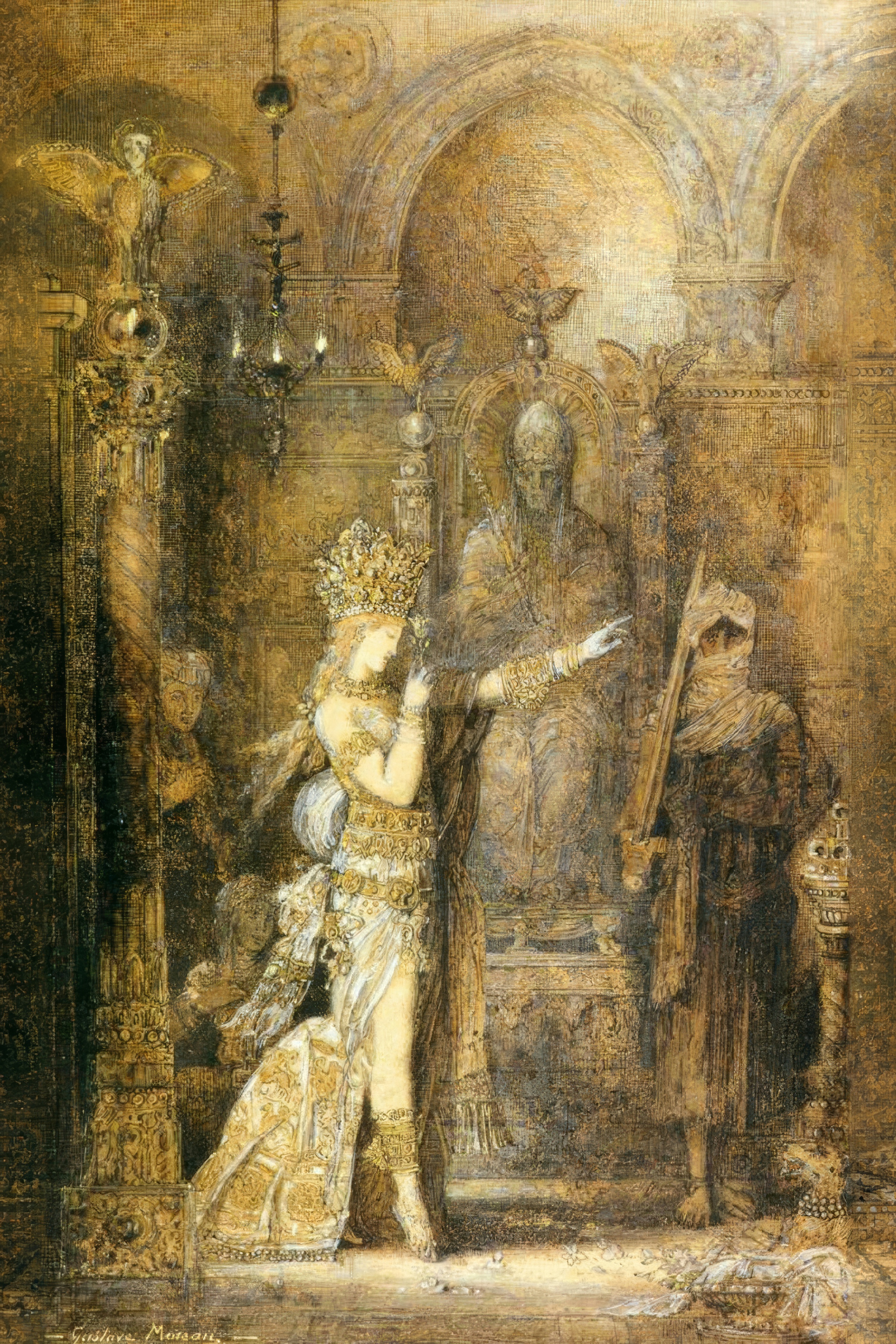 A crowned dancer in a jewelled costume moves before an enthroned king in a gilded hall.