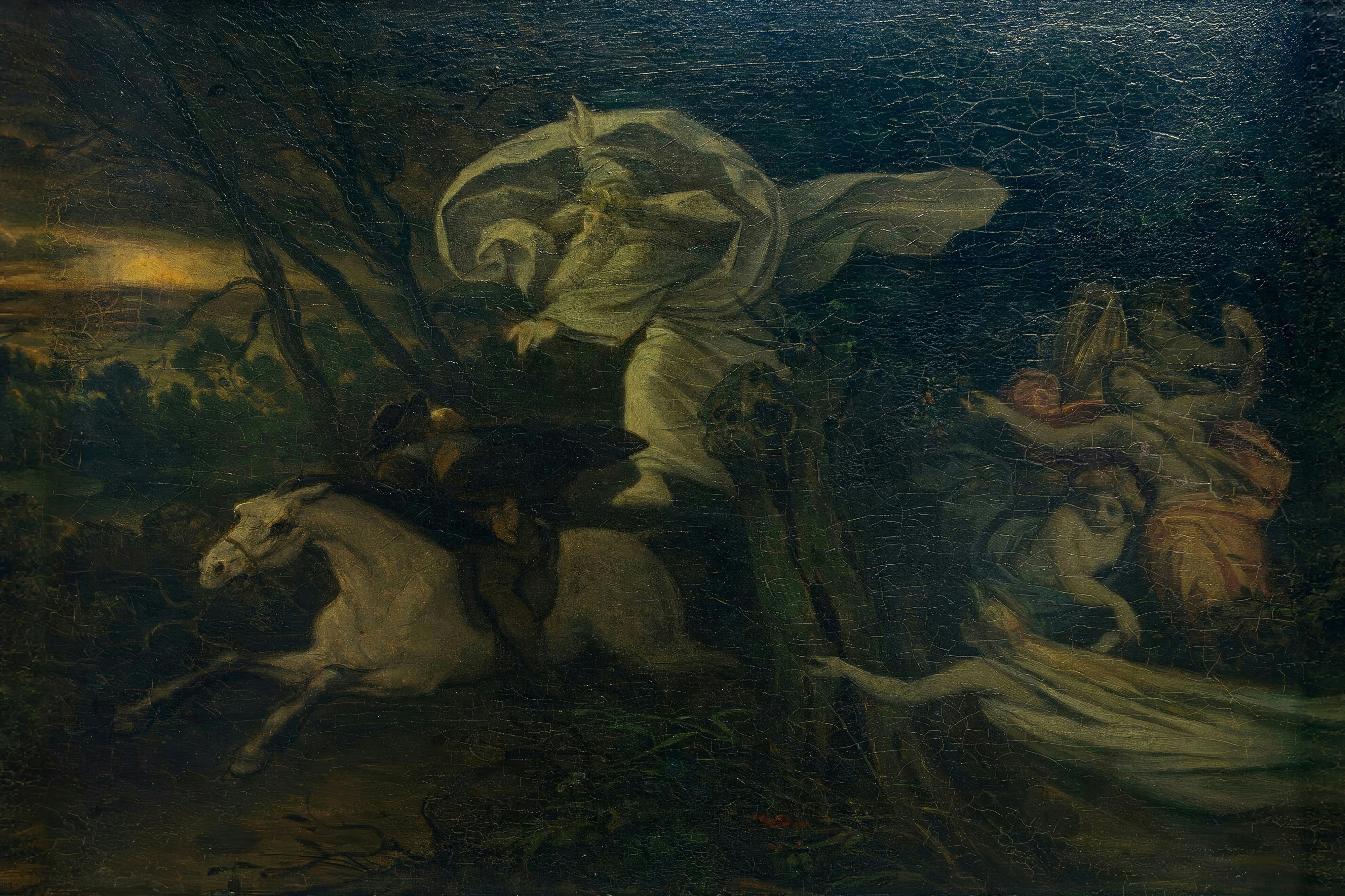 A rider gallops on a pale horse through a dark forest at night, chased by ghostly figures.