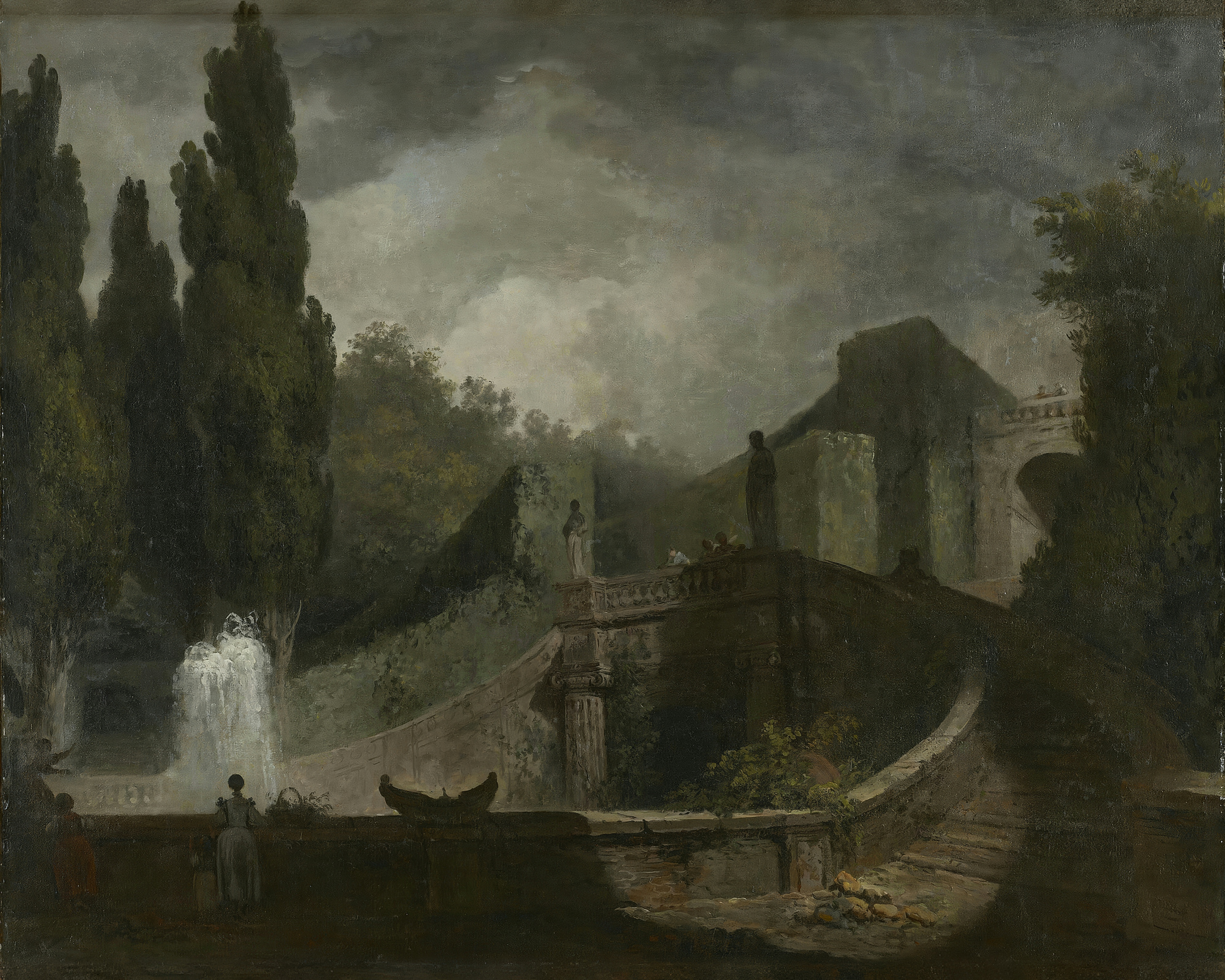 Tall cypress trees frame the stairs and fountains of a great Italian garden under a heavy sky.