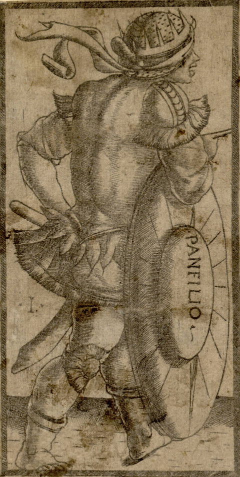 Panfilio, trump I of the Sola Busca tarot: a soldier seen from behind with a round shield bearing his name. Uncoloured engraving, about 1490.