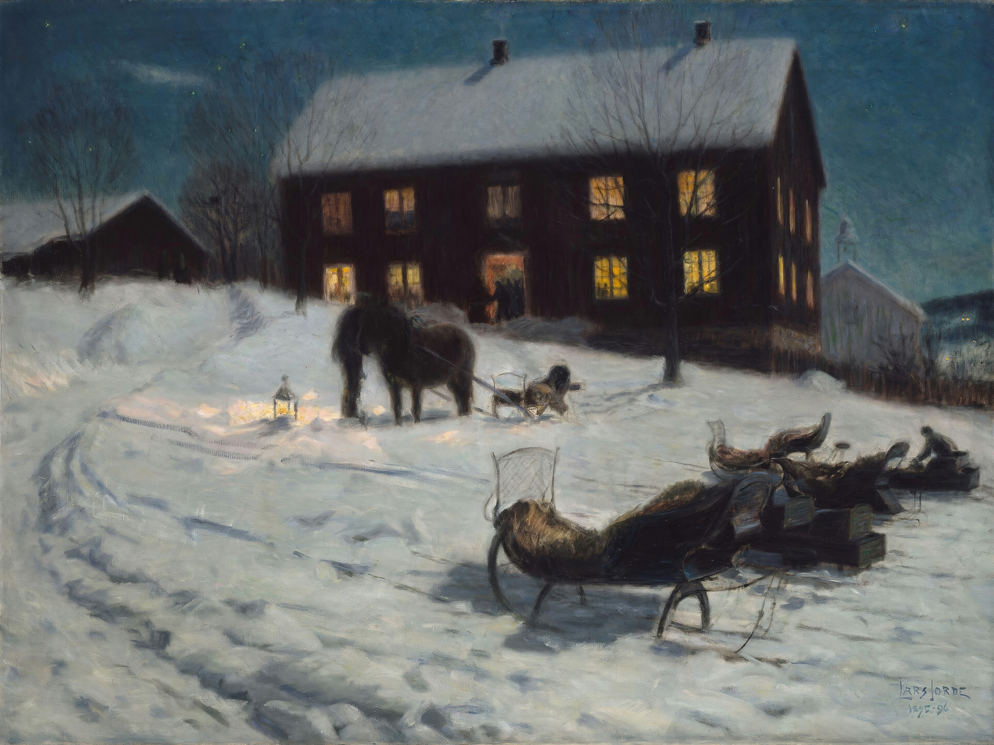 A Norwegian farmhouse glows with lit windows on a snowy winter night while empty sleighs and a horse wait in the yard.
